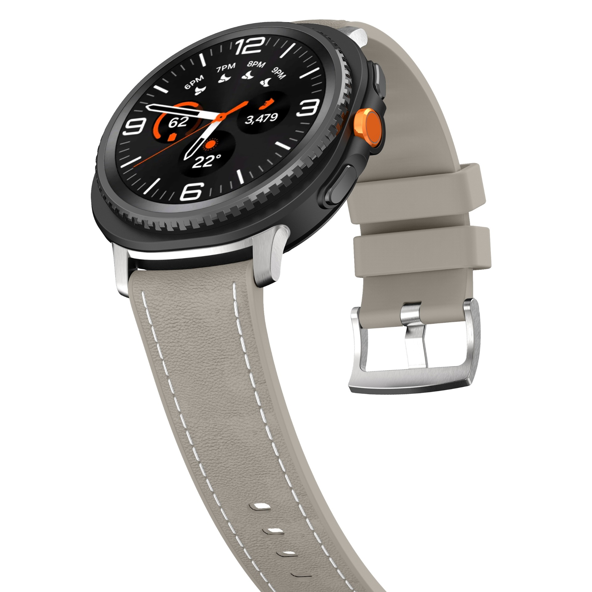 Graue Smartwatch mit schwarzem Zifferblatt und orangefarbenem Knopf.