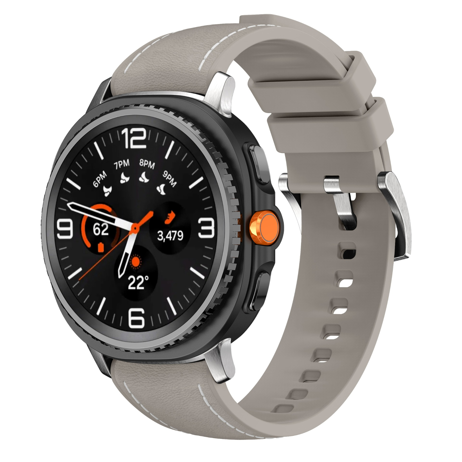 Eine graue Smartwatch mit schwarzem Zifferblatt und orangefarbener Krone.