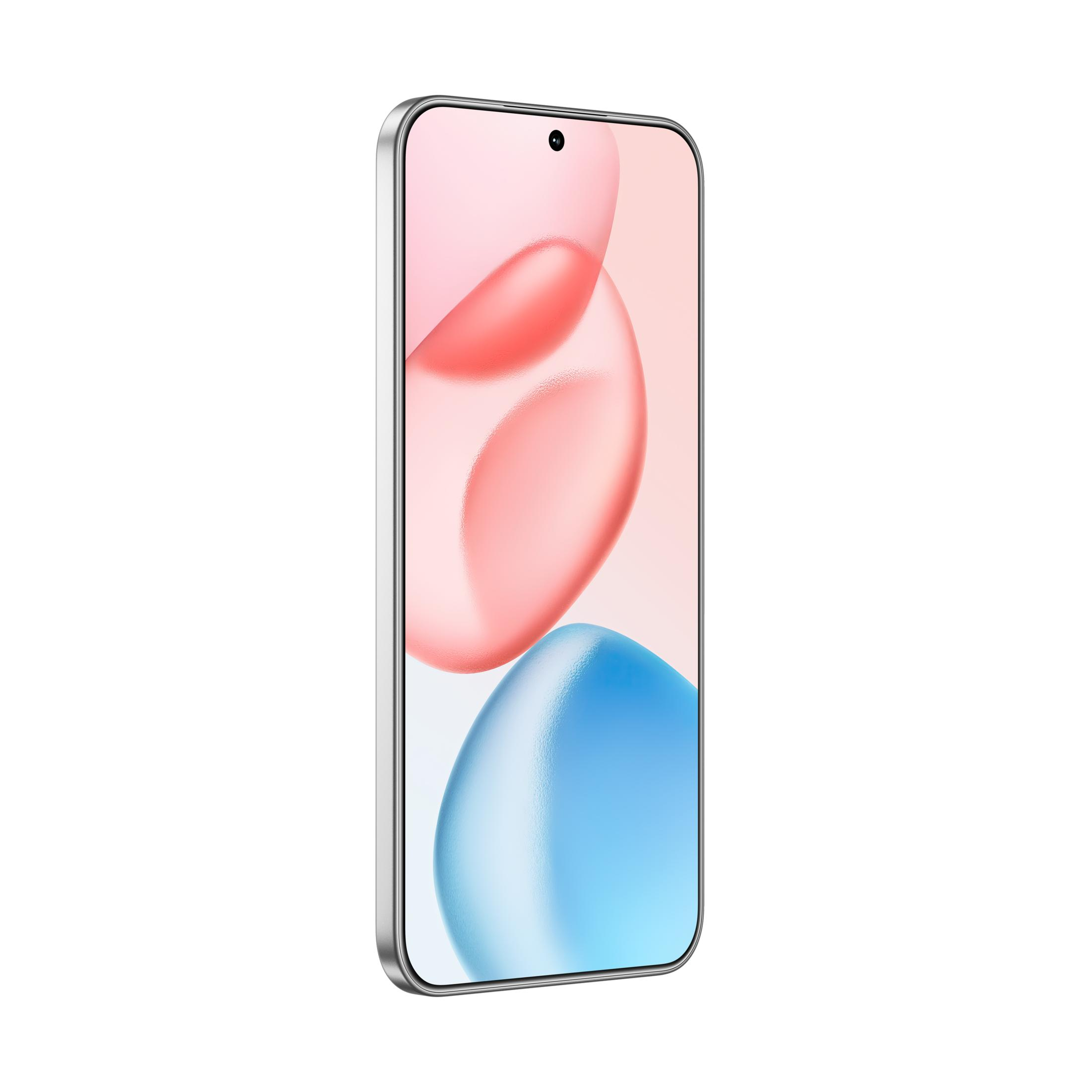 Ein silbernes Smartphone mit einem abstrakten, bunten Hintergrund auf dem Bildschirm.