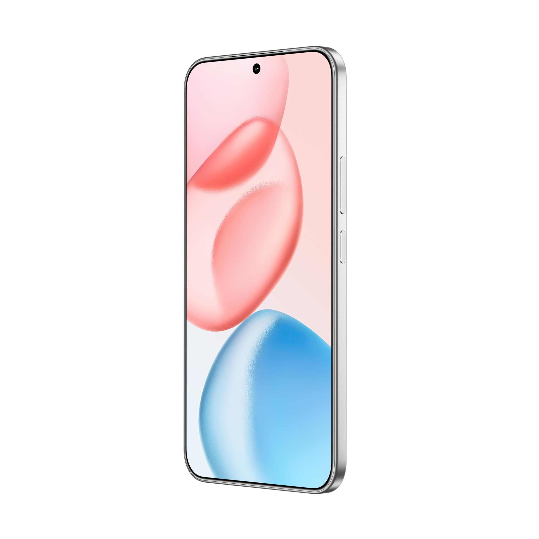 Silbernes Smartphone mit pinken und blauen Blasen auf dem Bildschirm.