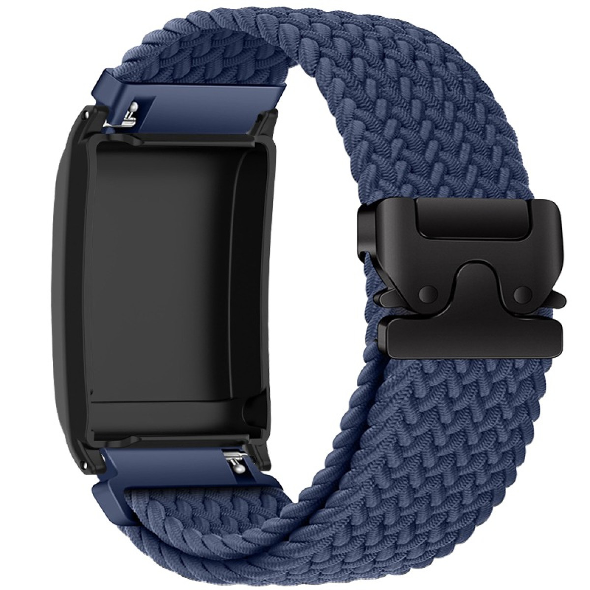 Blaues geflochtenes Armband mit schwarzem Verschluss und schwarzem Fitnesstracker-Gehäuse.