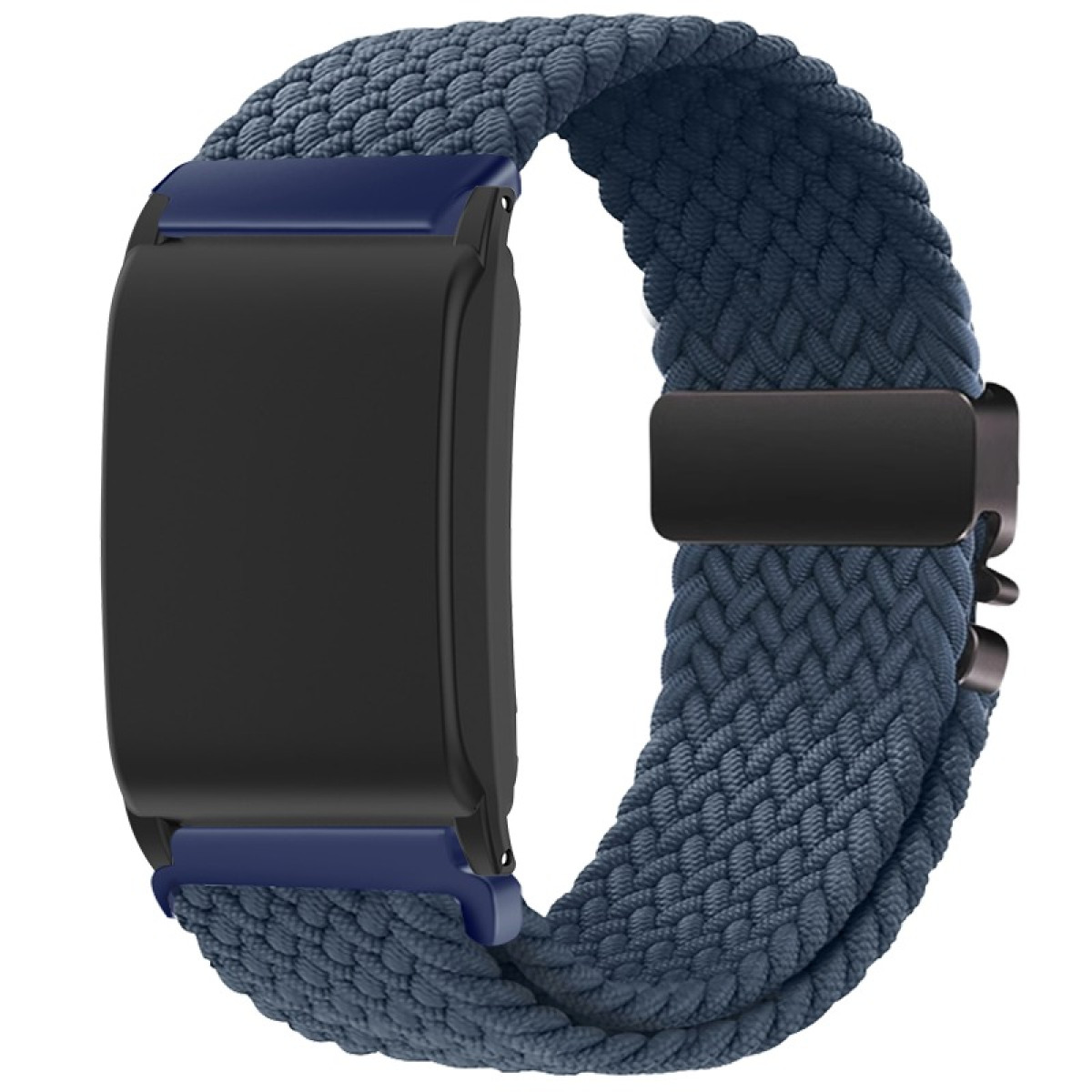 Blaues geflochtenes Armband mit schwarzem Fitnesstracker und blauen Akzenten.