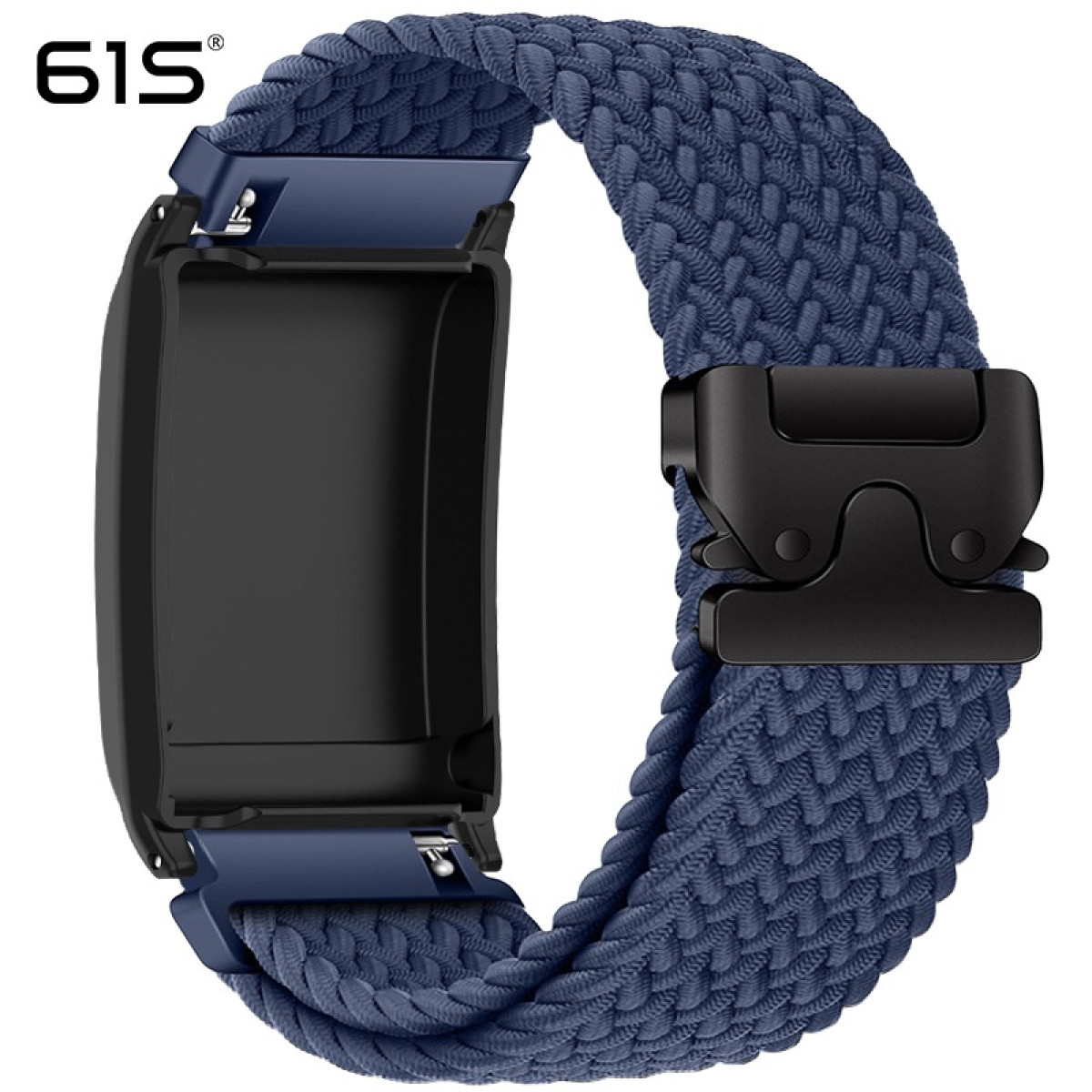 Blaues Stoffarmband mit schwarzem Verschluss, passend für ein schwarzes Smartwatch-Gehäuse.
