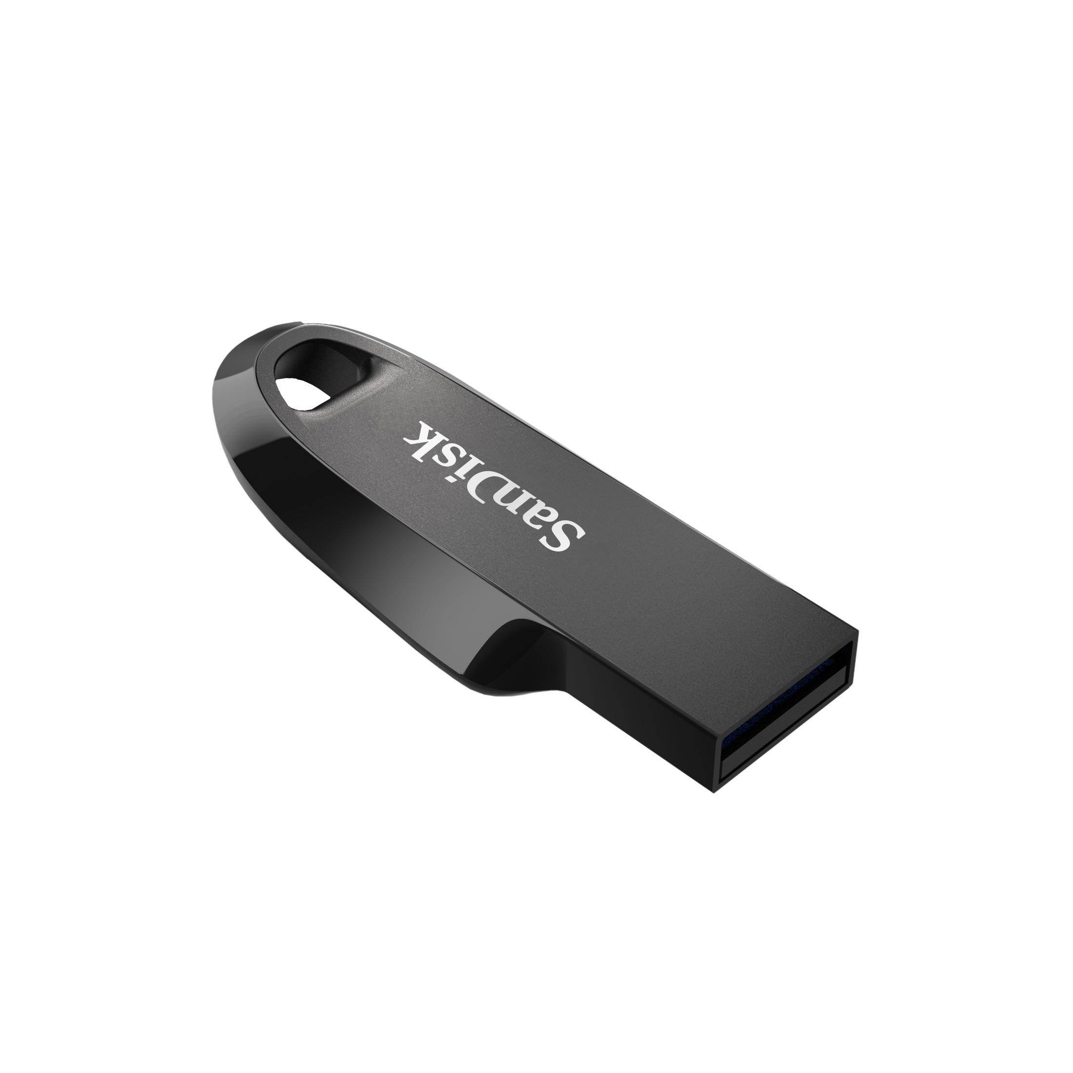Un'unità USB SanDisk nera con logo argentato, isolata su sfondo bianco.