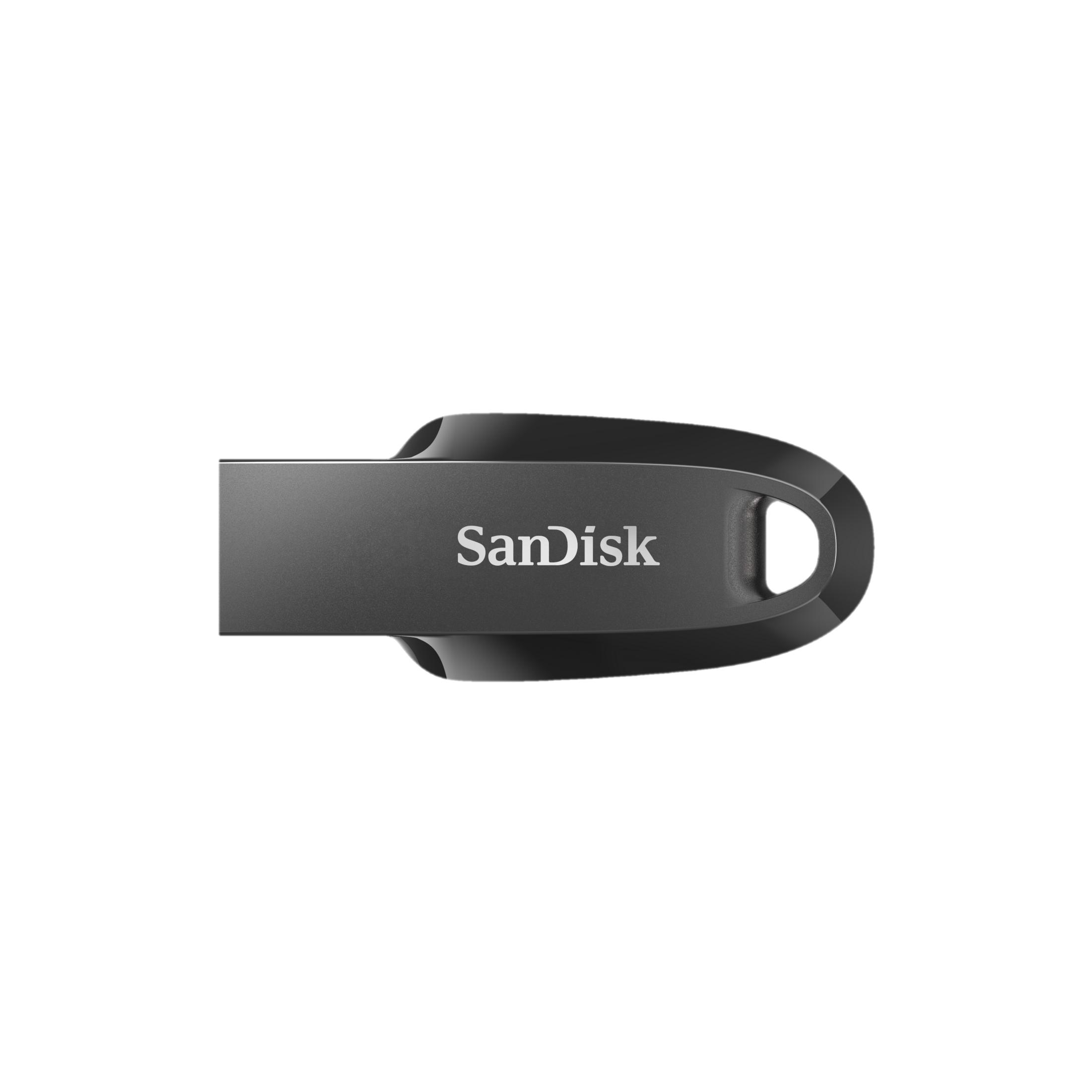 Un'unità USB SanDisk grigia con connettore girevole e un anello.