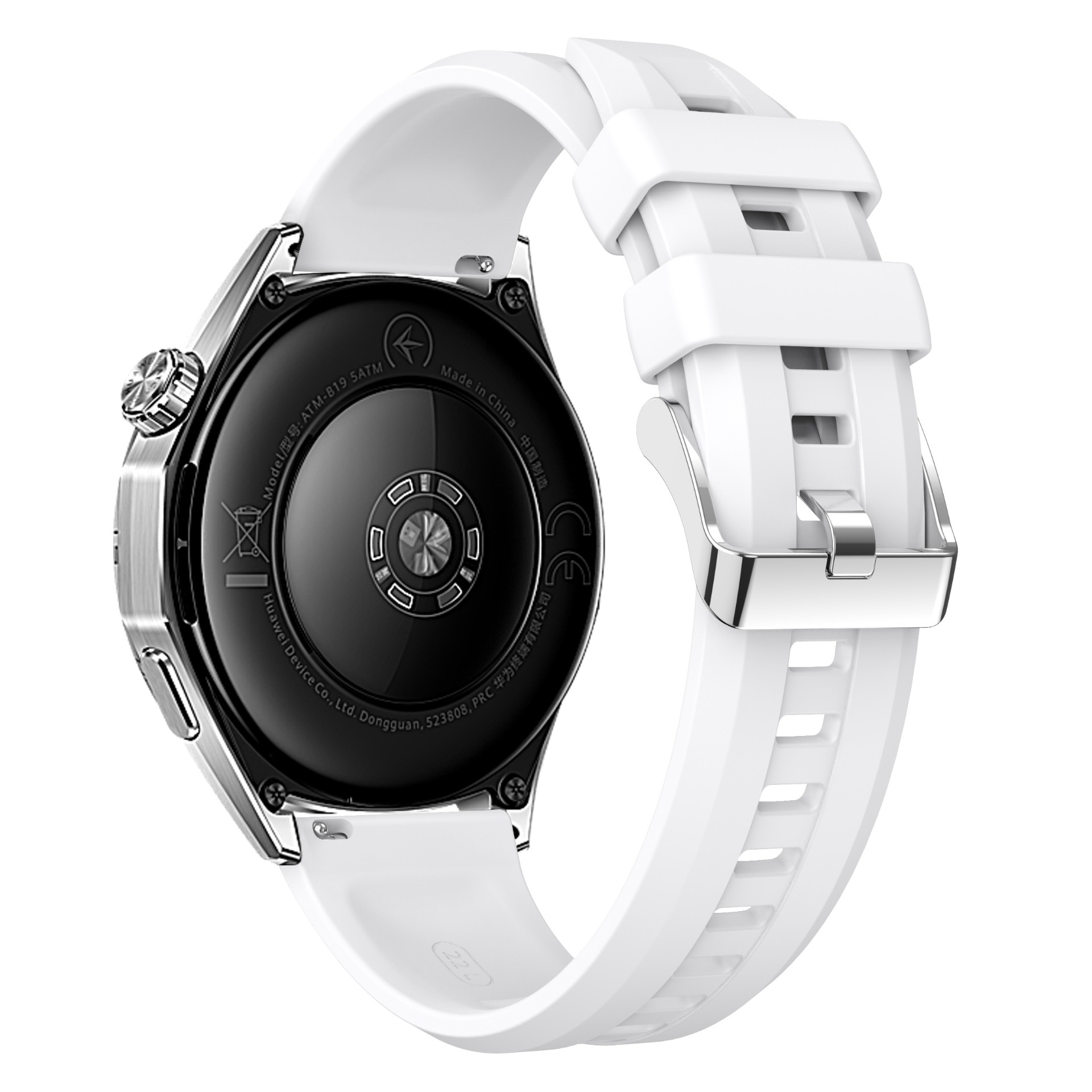 Weiße Smartwatch mit silberner Lünette und schwarzem Gehäuseboden.