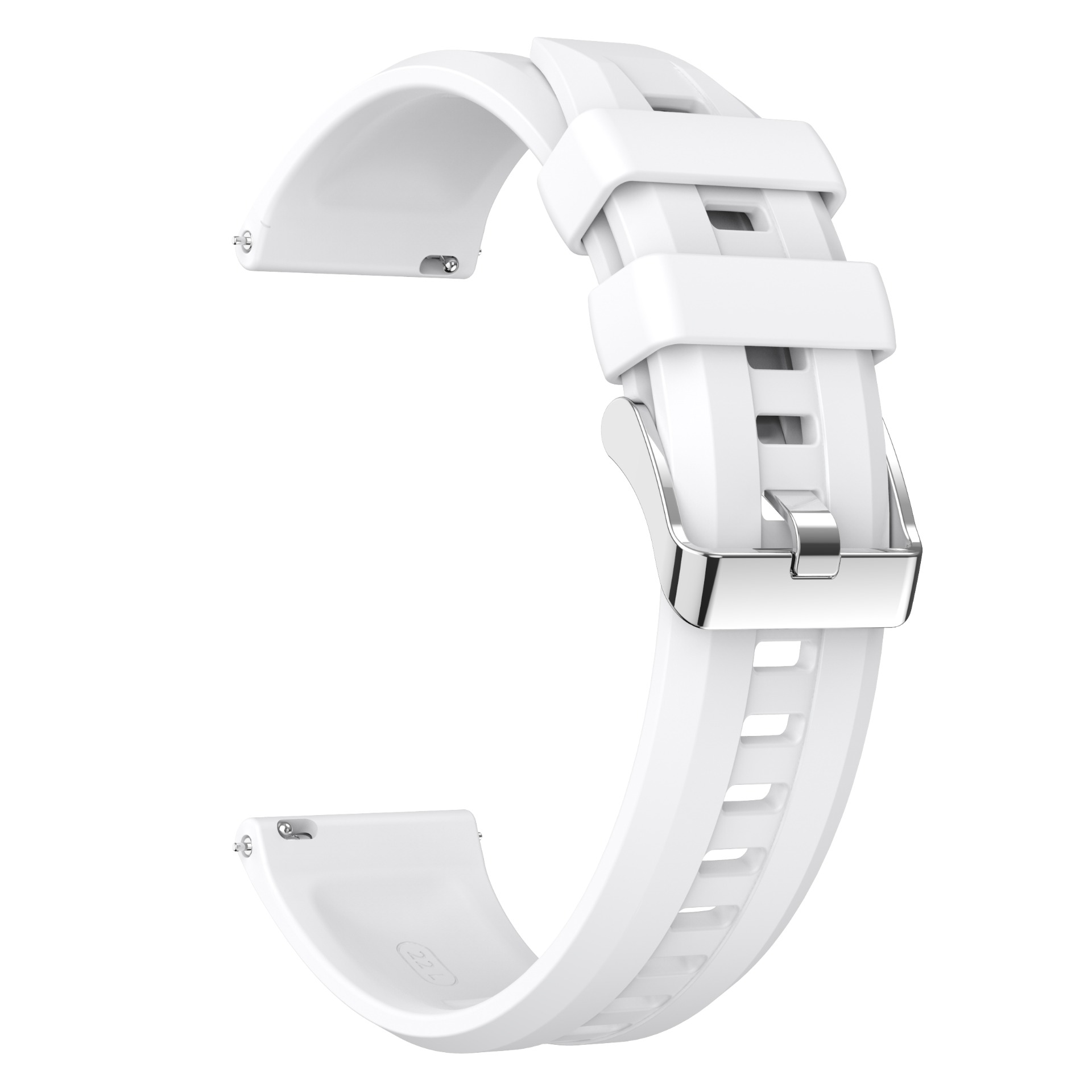 Ein weißes Silikonarmband mit Metallschnalle und Schnellspannstiften.