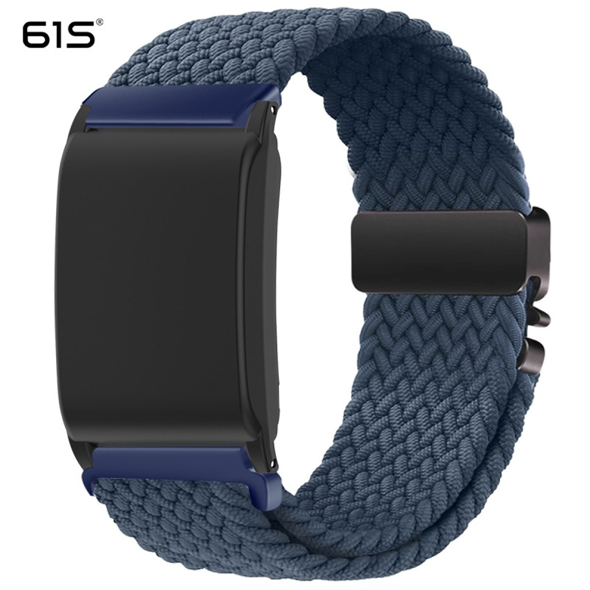 Ein schwarzes Fitnessarmband mit einem dunkelblauen, geflochtenen Band und blauen Akzenten.