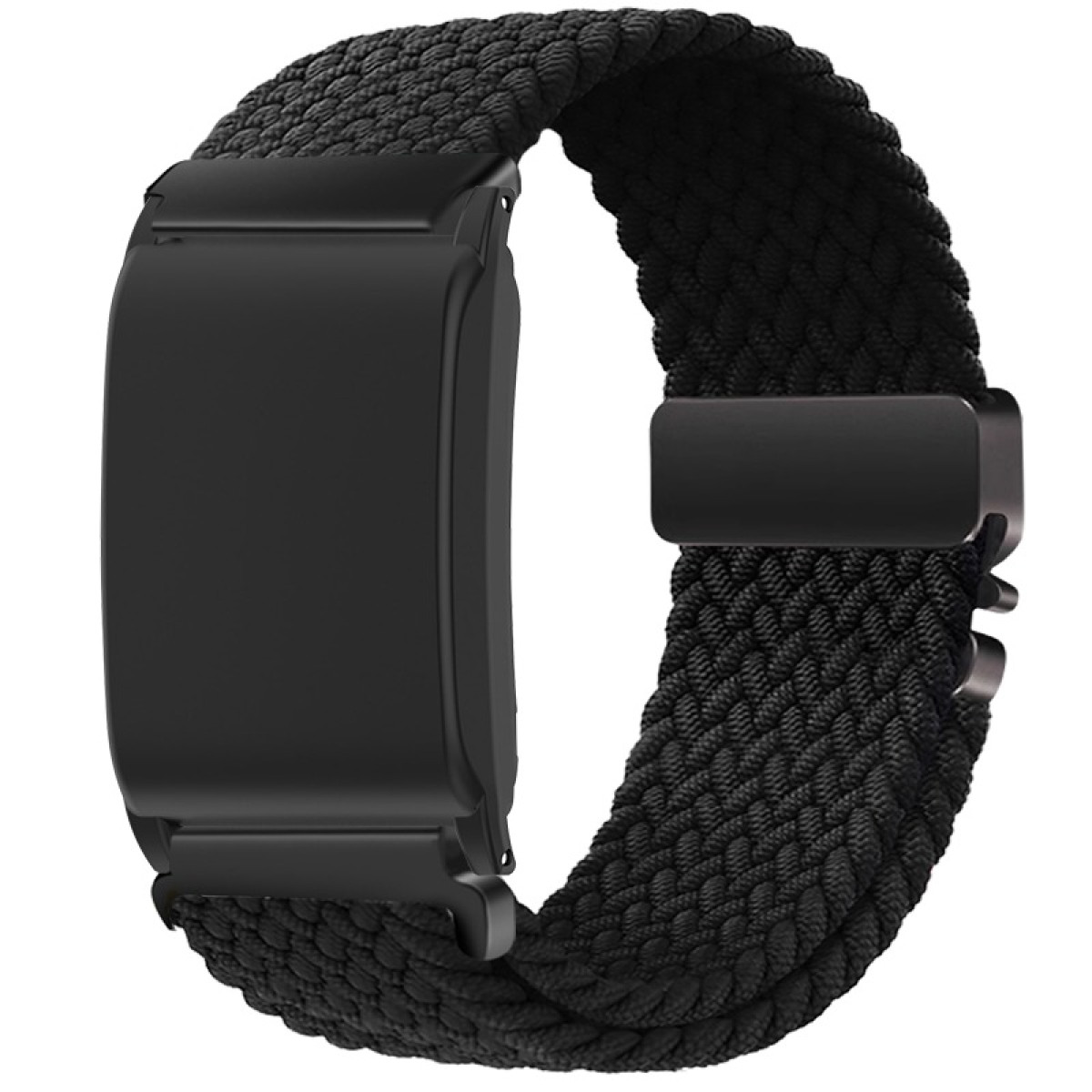 Schwarzes Smartwatch-Armband aus geflochtenem Material mit schwarzer Schnalle.