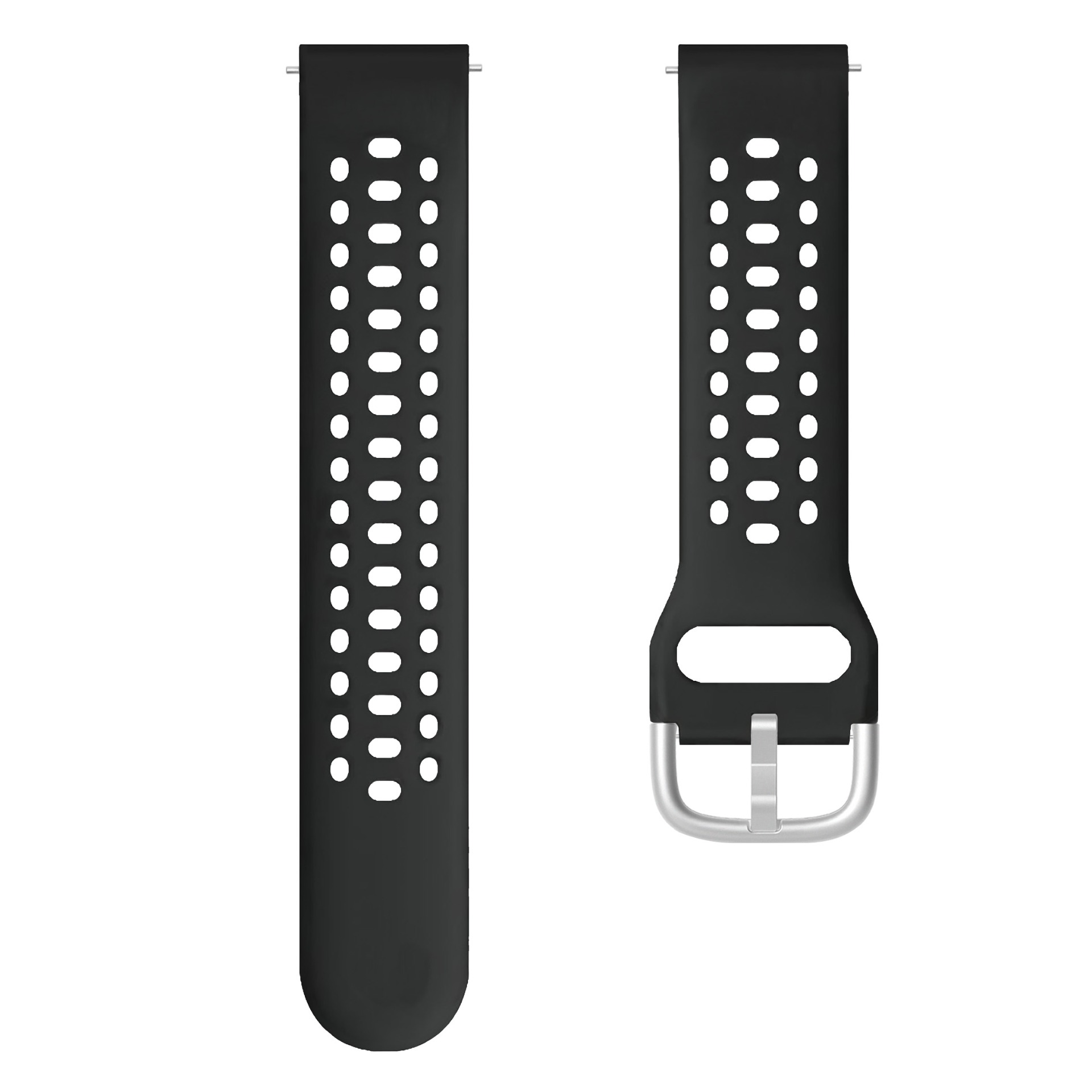 Zwei schwarze Uhrenarmbänder mit Perforation und Metallschnalle.