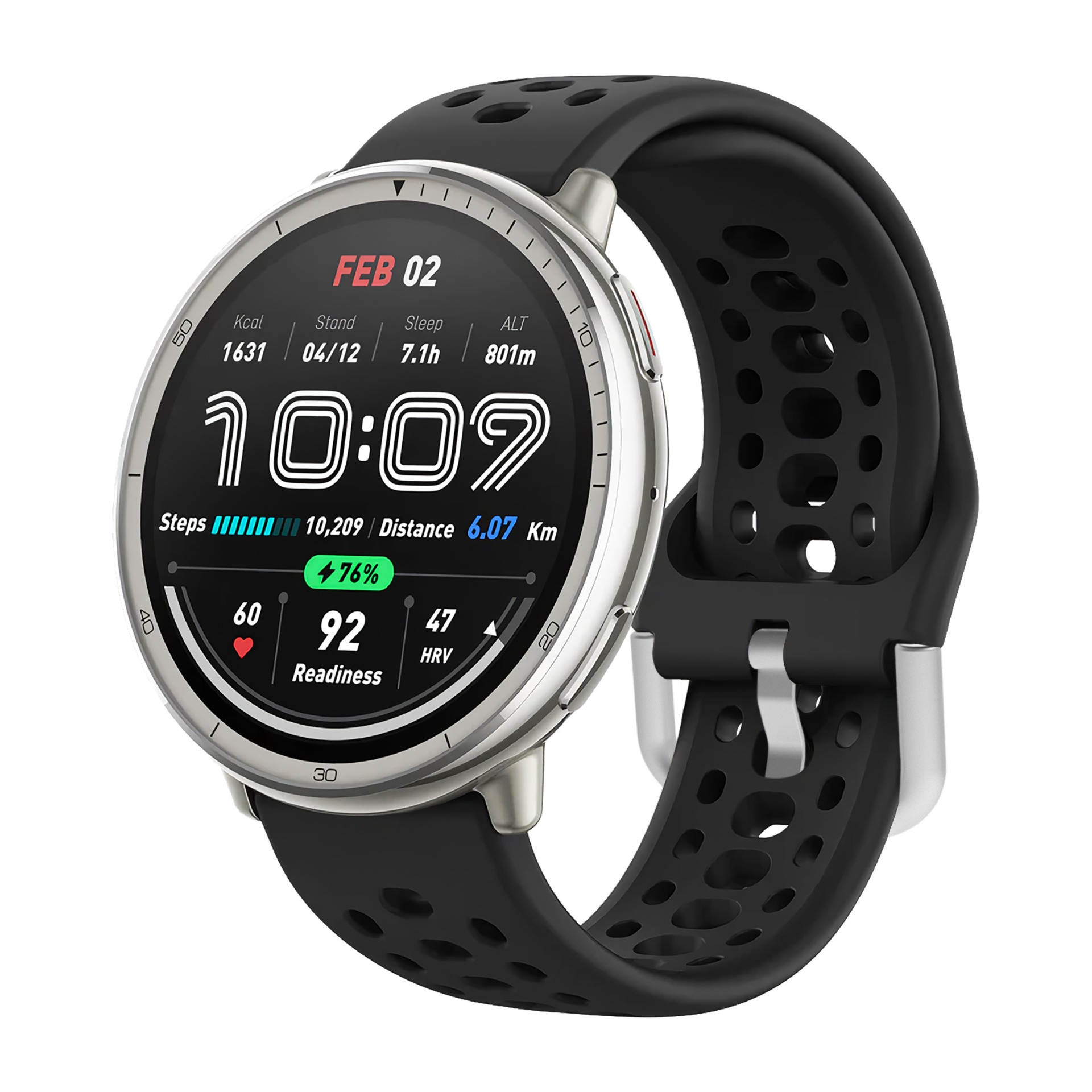 Eine runde Smartwatch mit schwarzem Armband, die die Uhrzeit 10:09 und Fitnessdaten anzeigt.
