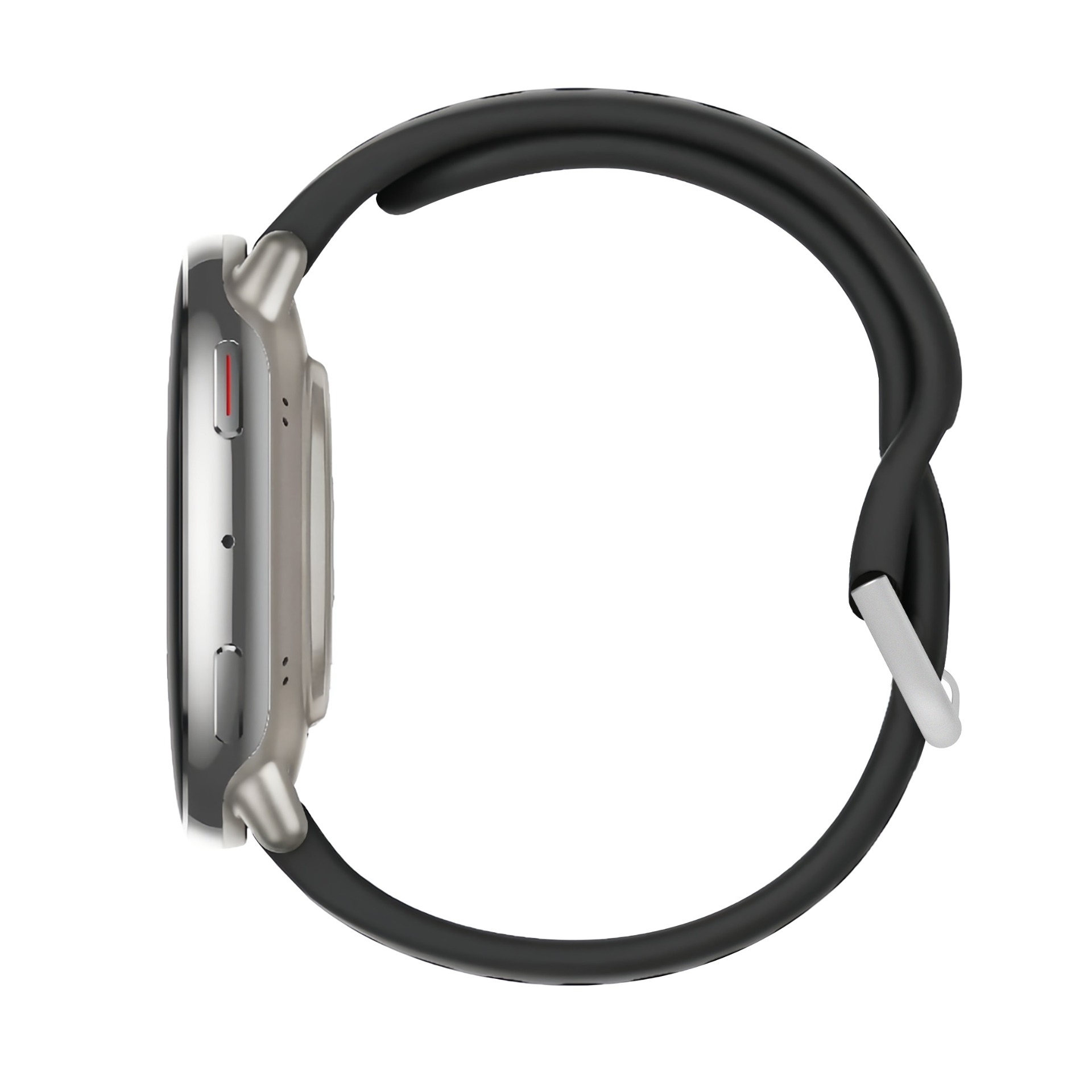 Ein silbernes Smartwatch-Gehäuse mit schwarzem Armband, von der Seite gesehen.