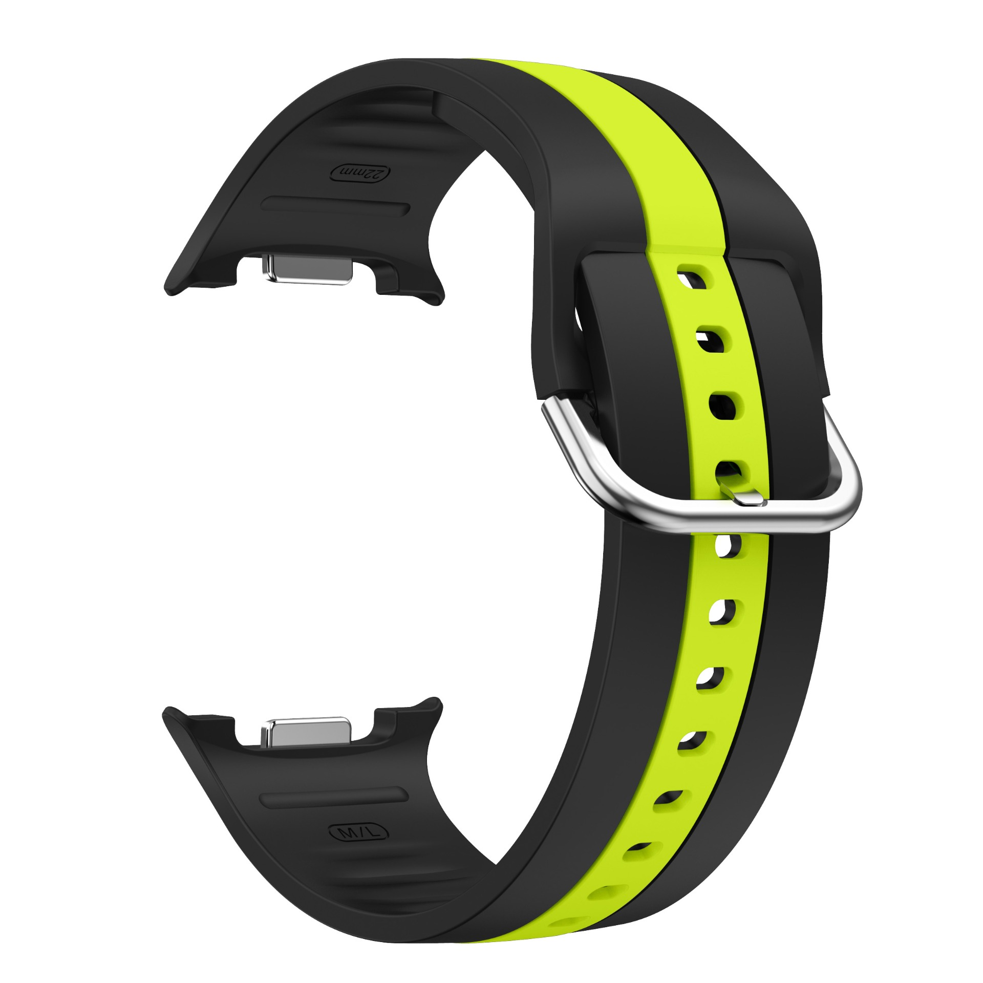 Schwarzes Uhrenarmband mit neongrüner Mitte und Metallschnalle.