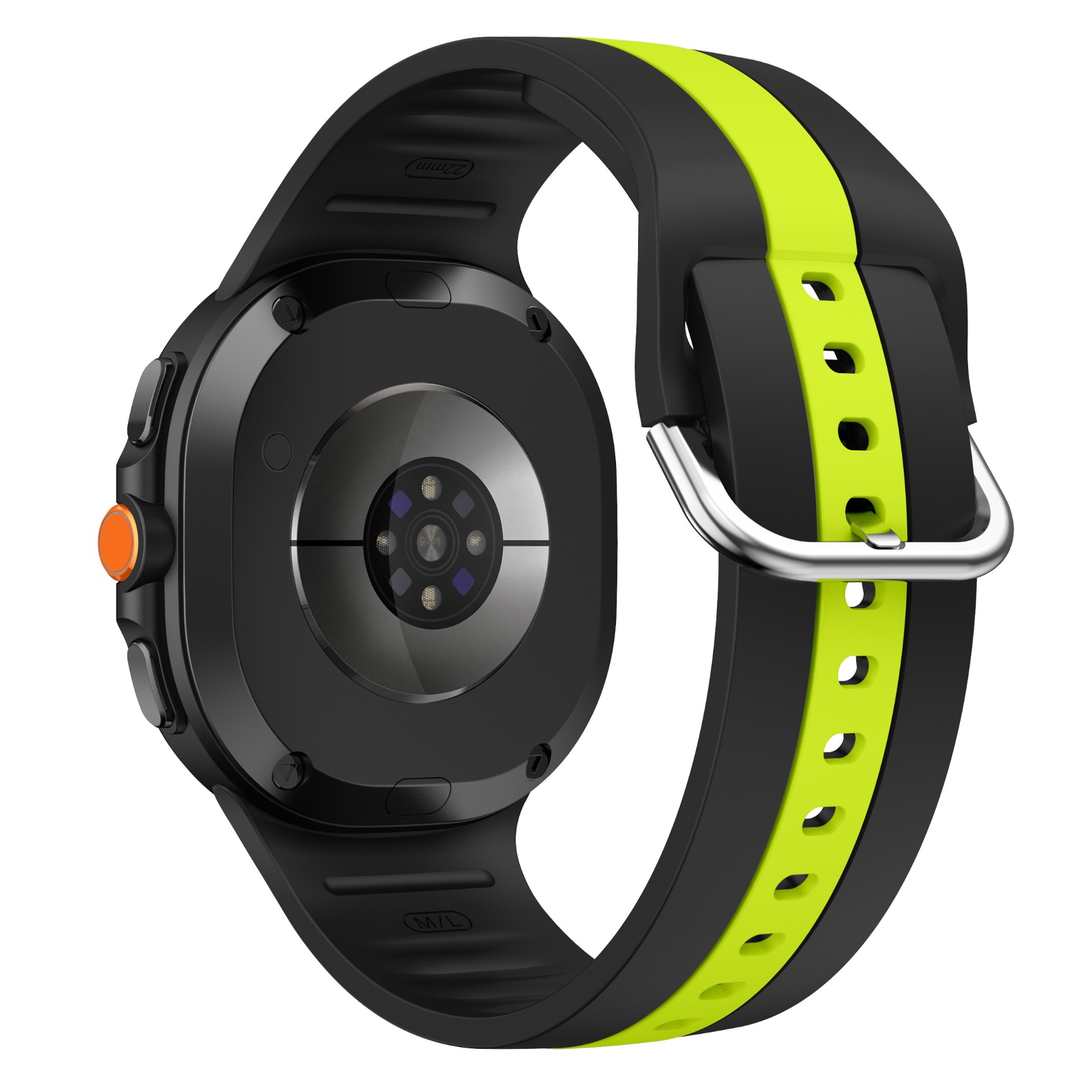 Schwarze Smartwatch mit orangefarbenem Knopf, Herzfrequenzsensor und neongrünen Streifen.