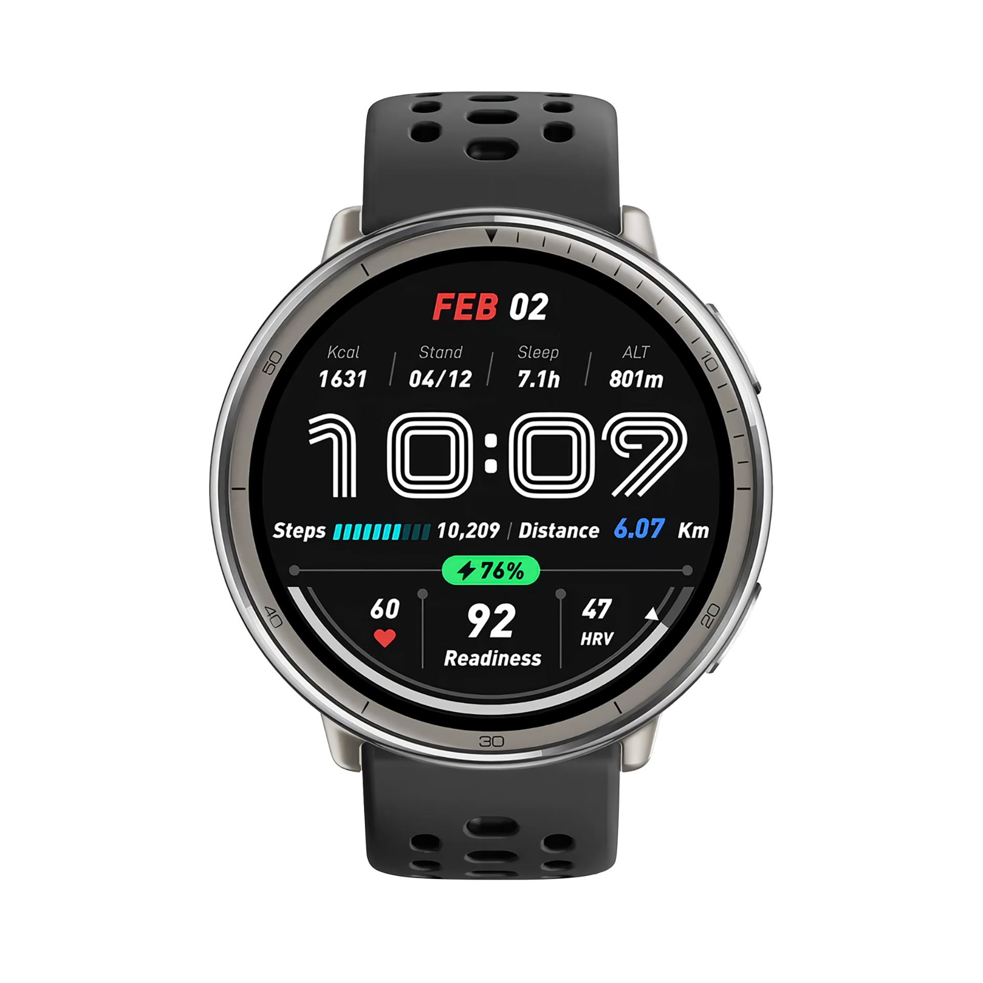 Eine Smartwatch zeigt 10:09 Uhr, Schritte, Distanz und 76% Akku an.