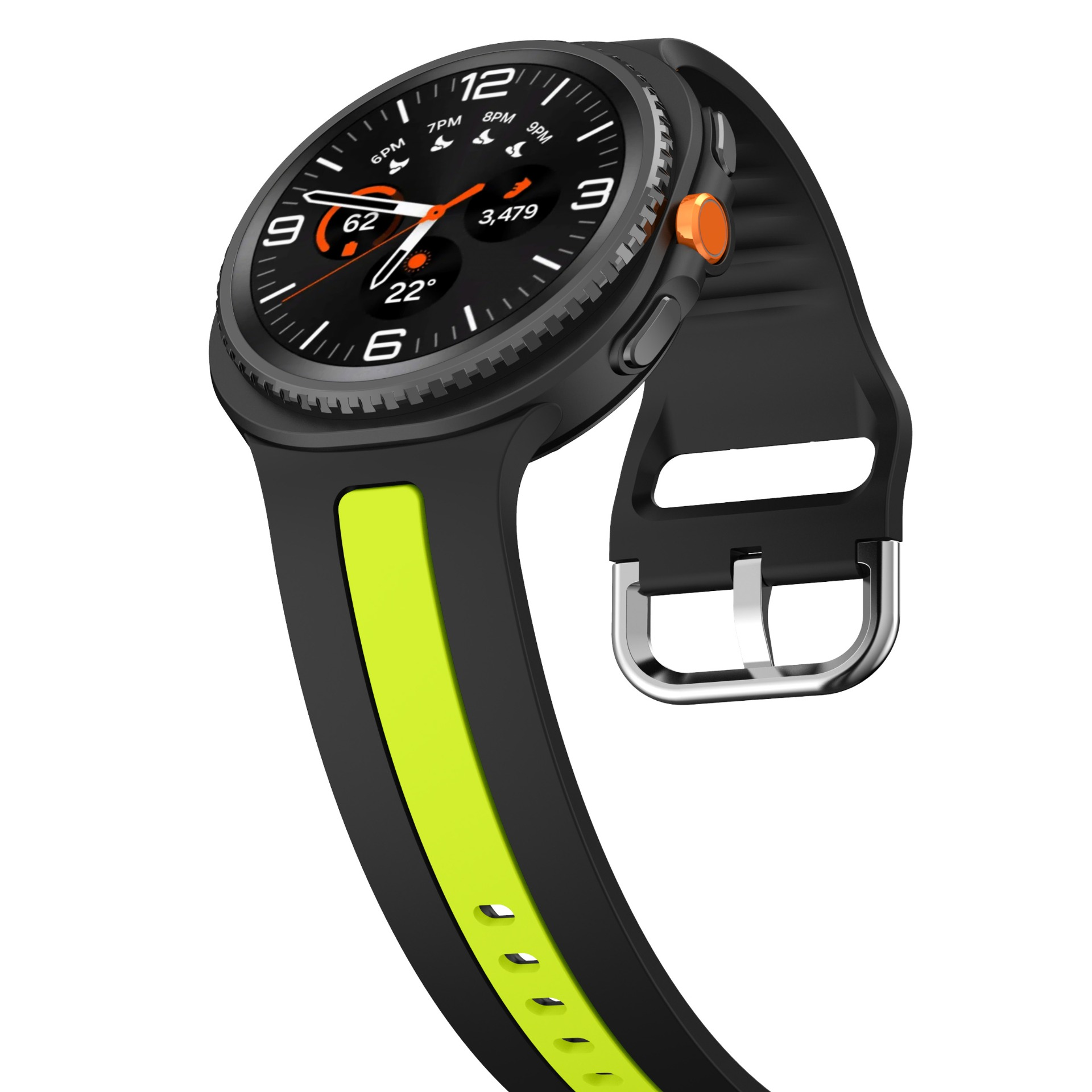 Eine schwarze Smartwatch mit gelben Akzenten, orangefarbener Taste und digitalem Zifferblatt.