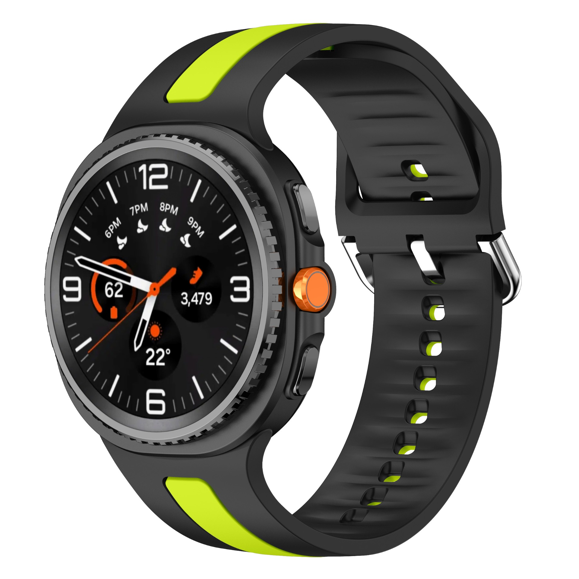 Schwarze Smartwatch mit neon-grünen Akzenten und silbernem Zifferblatt.