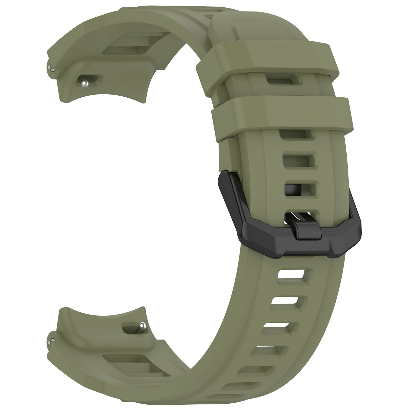 Ein olivgrünes Uhrenarmband aus Gummi mit schwarzer Schnalle.