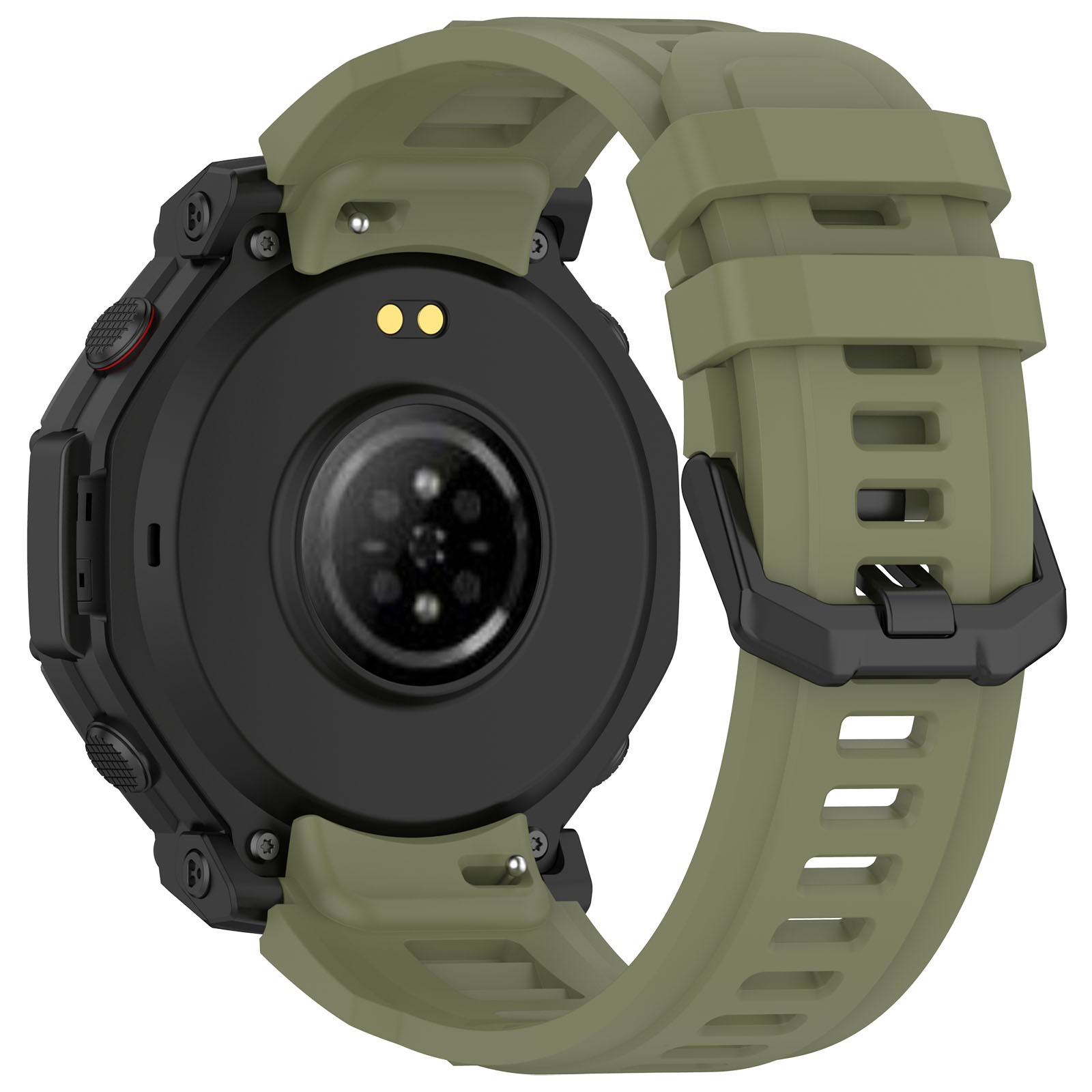 Rückseite einer grünen Smartwatch mit Herzfrequenzsensor und Ladekontakten.