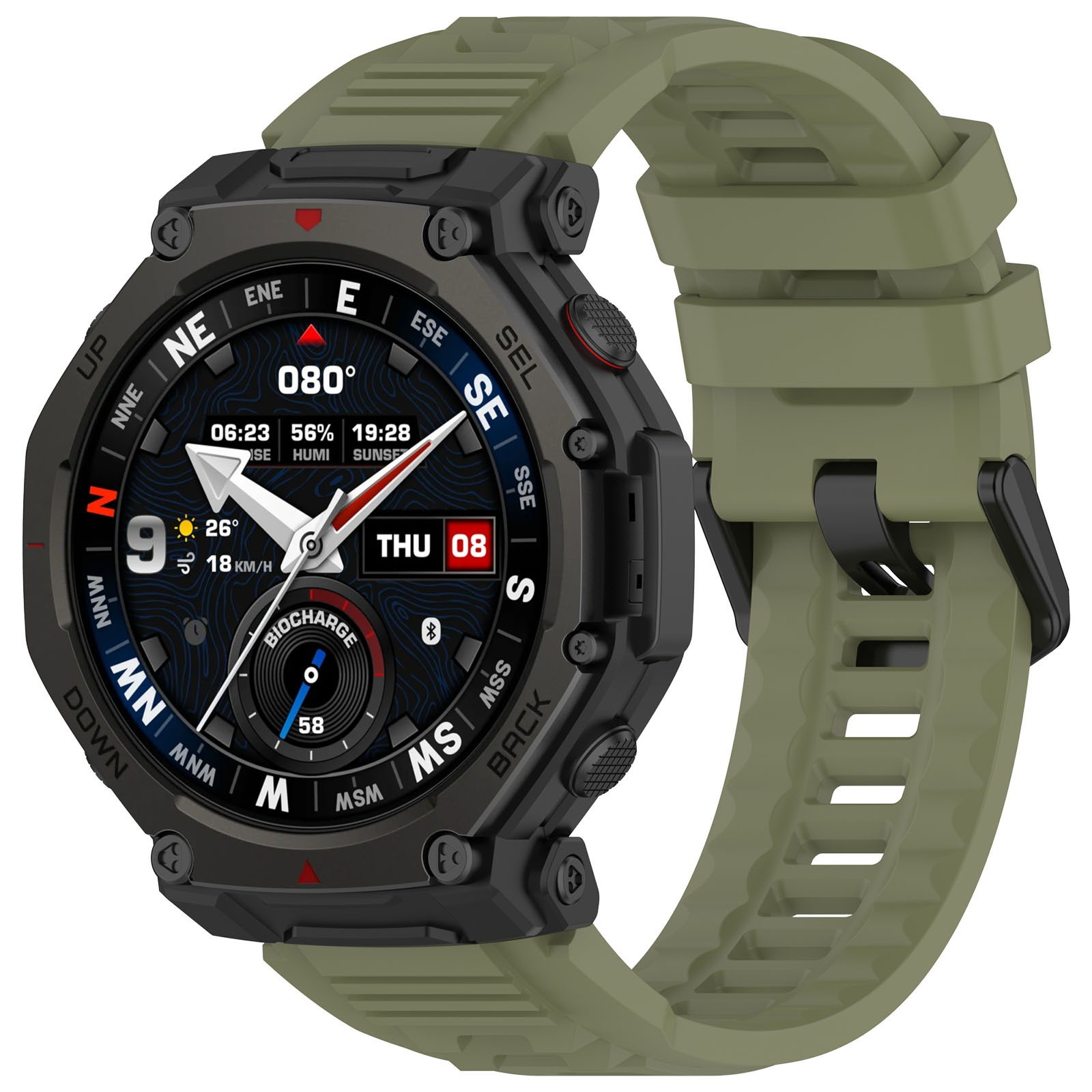 Grüne Smartwatch mit schwarzem Gehäuse und vielen Informationen auf dem Display.