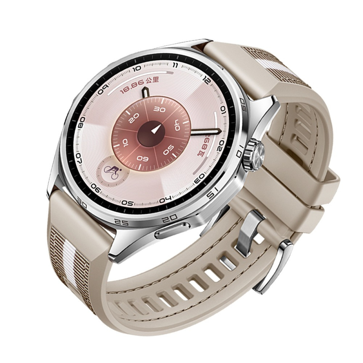 Eine beige Smartwatch mit silbernem Gehäuse und rundem Display.