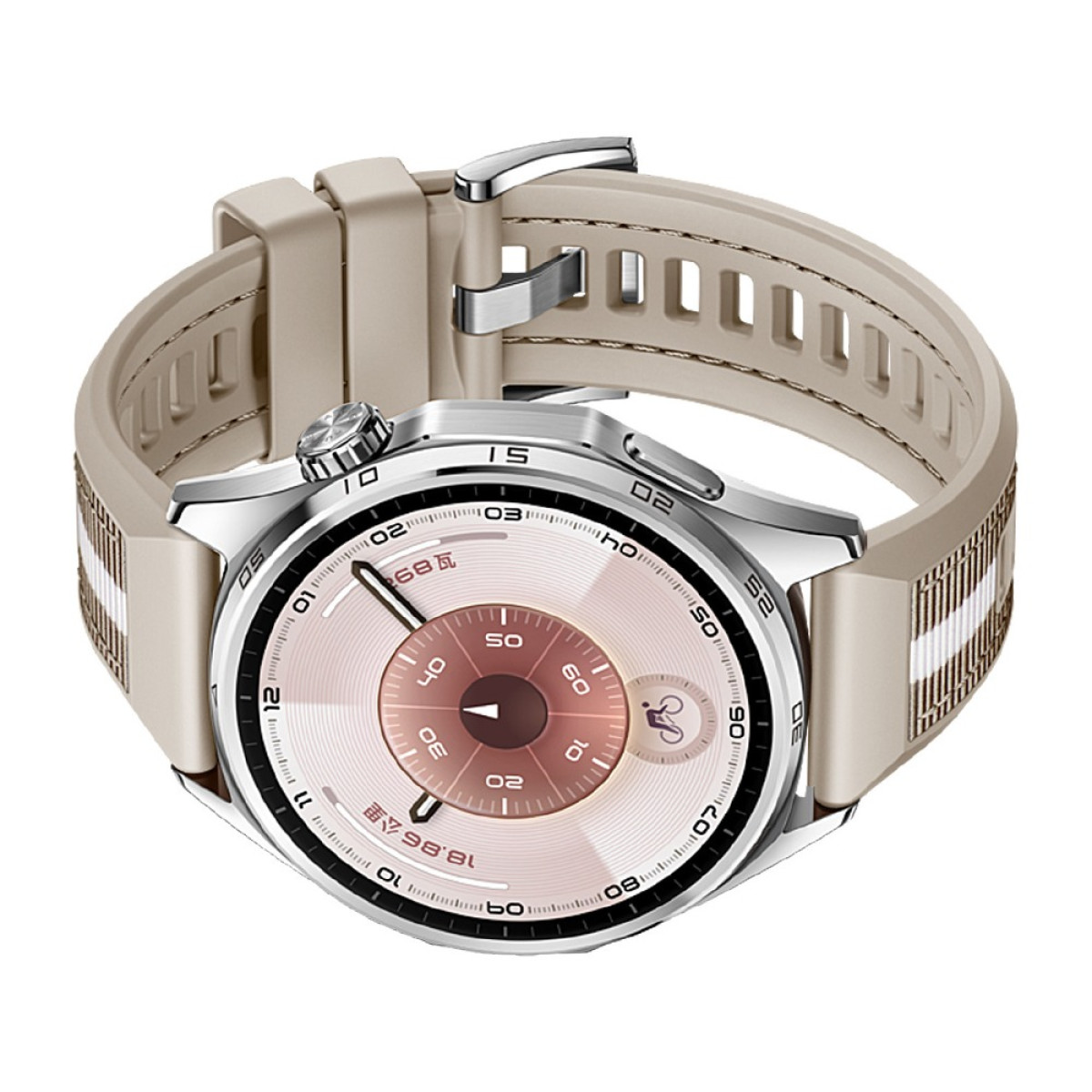 Eine beige Smartwatch mit silbernem Gehäuse und rundem Zifferblatt.