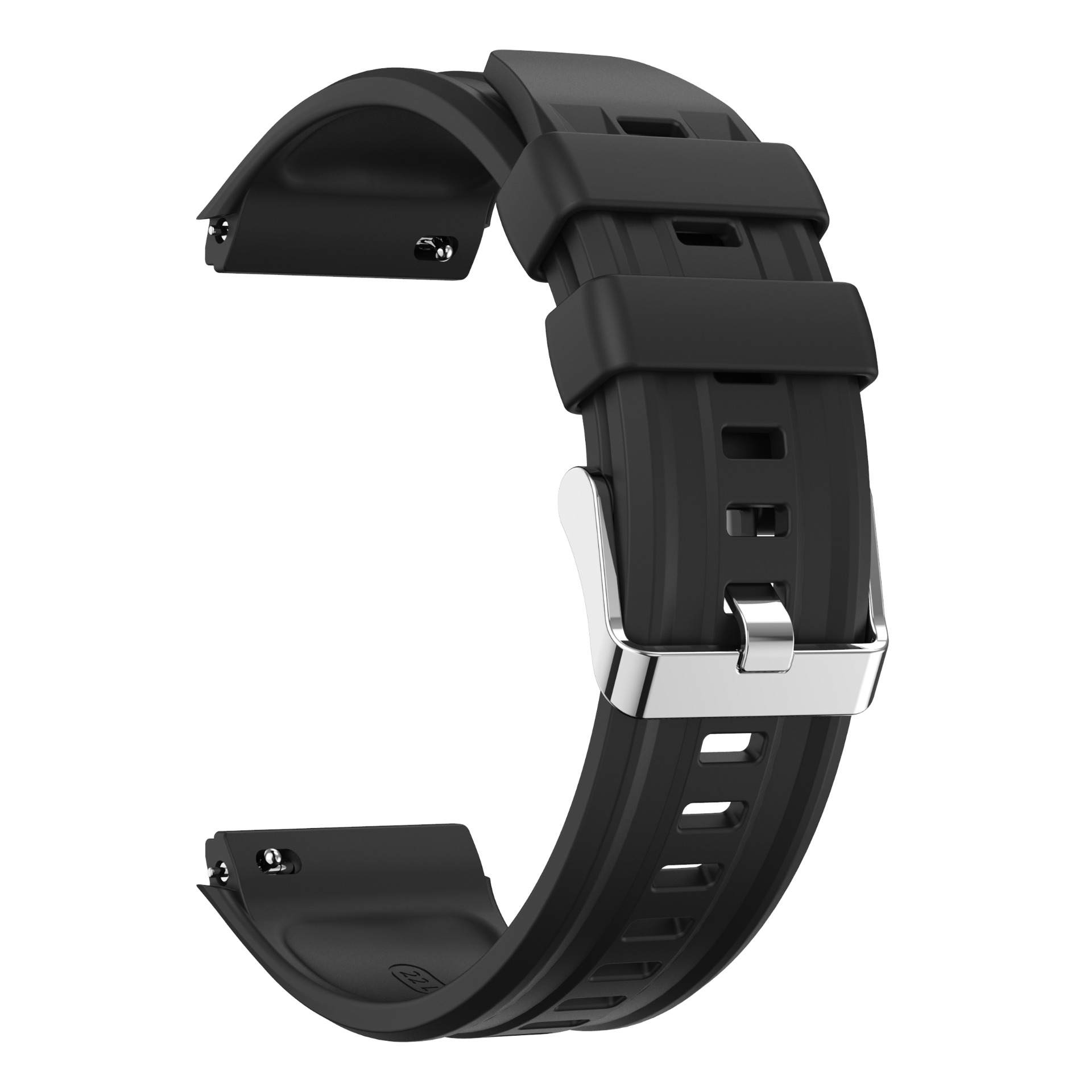 Schwarzes Uhrenarmband aus Silikon mit silberner Schnalle und Längenverstellung.