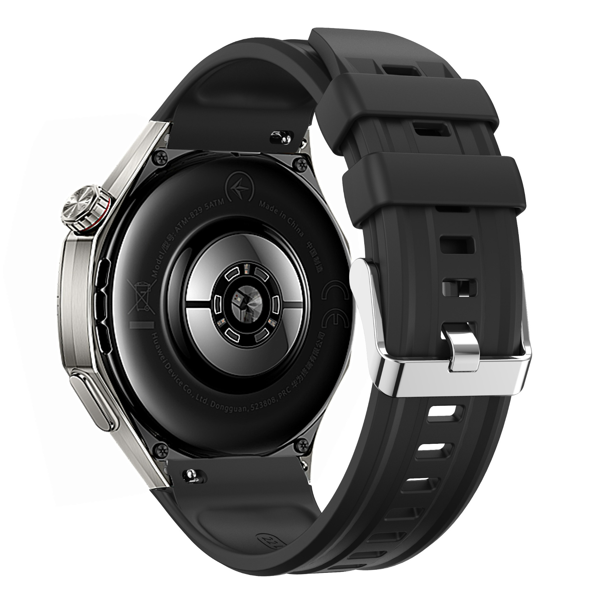 Rückseite einer Smartwatch mit schwarzem Band und Metallgehäuse.