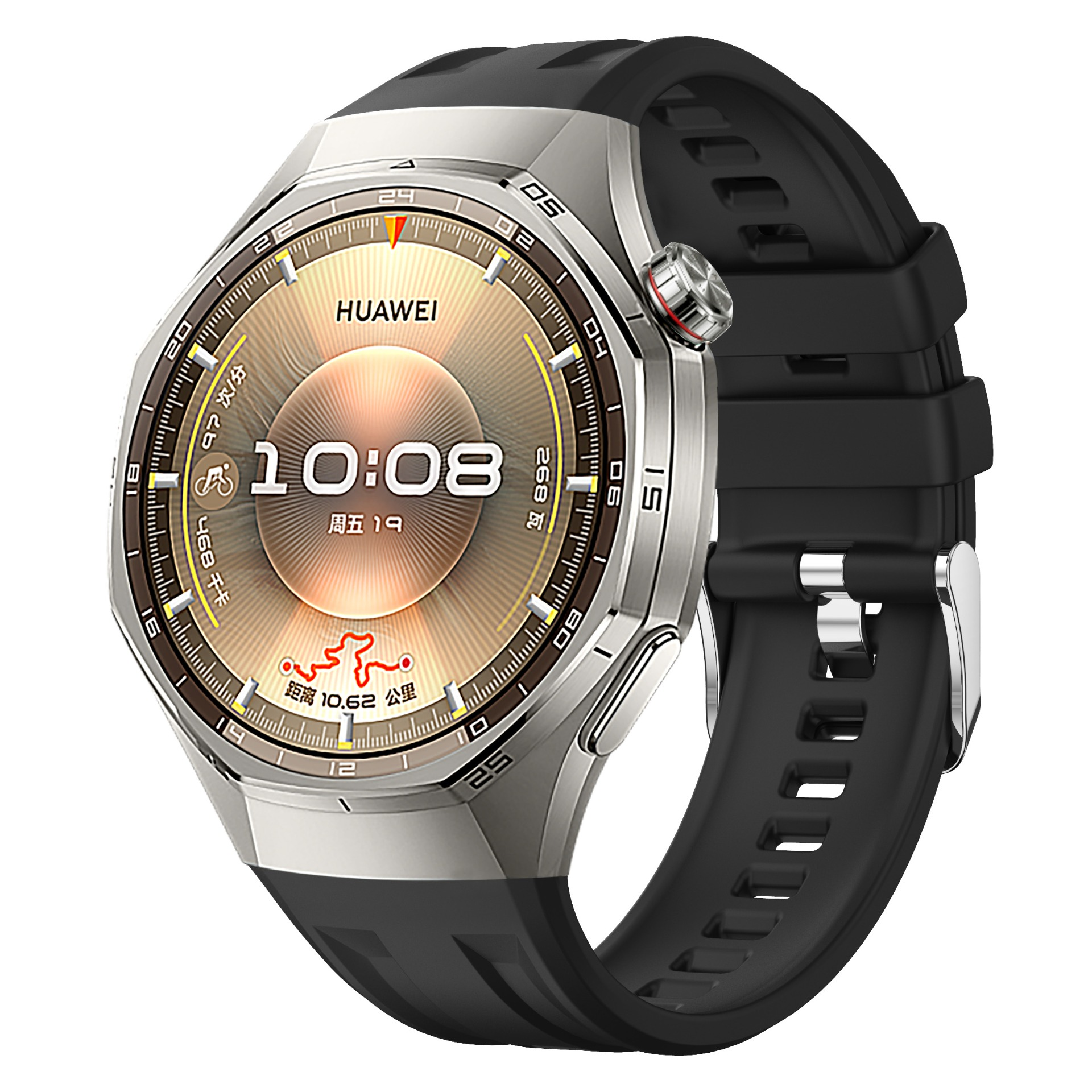 Eine silberne Huawei Smartwatch mit schwarzem Armband und einem Zifferblatt, das 10:08 anzeigt.