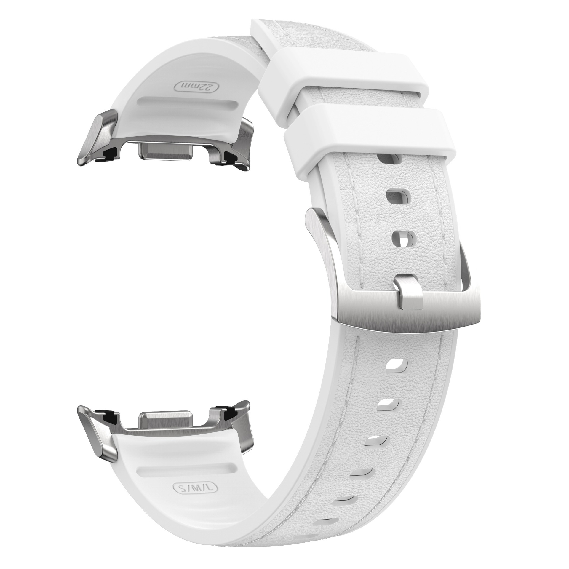 Ein weißes Uhrenarmband mit silberner Schnalle und Prägung.