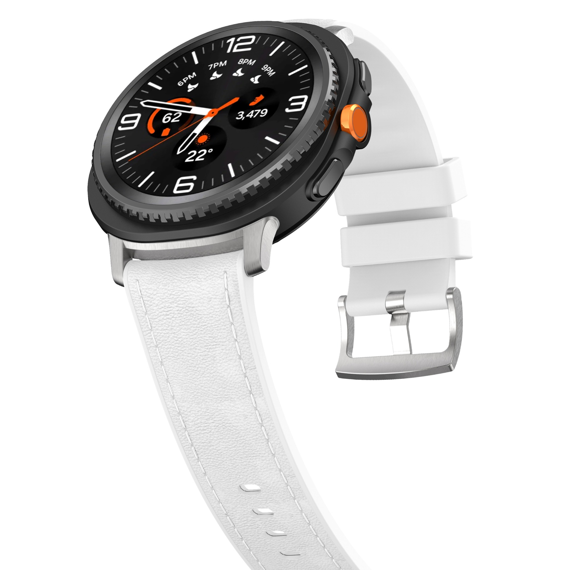 Eine Nahaufnahme einer schwarzen Smartwatch mit weißem Armband und orangefarbener Lünette.