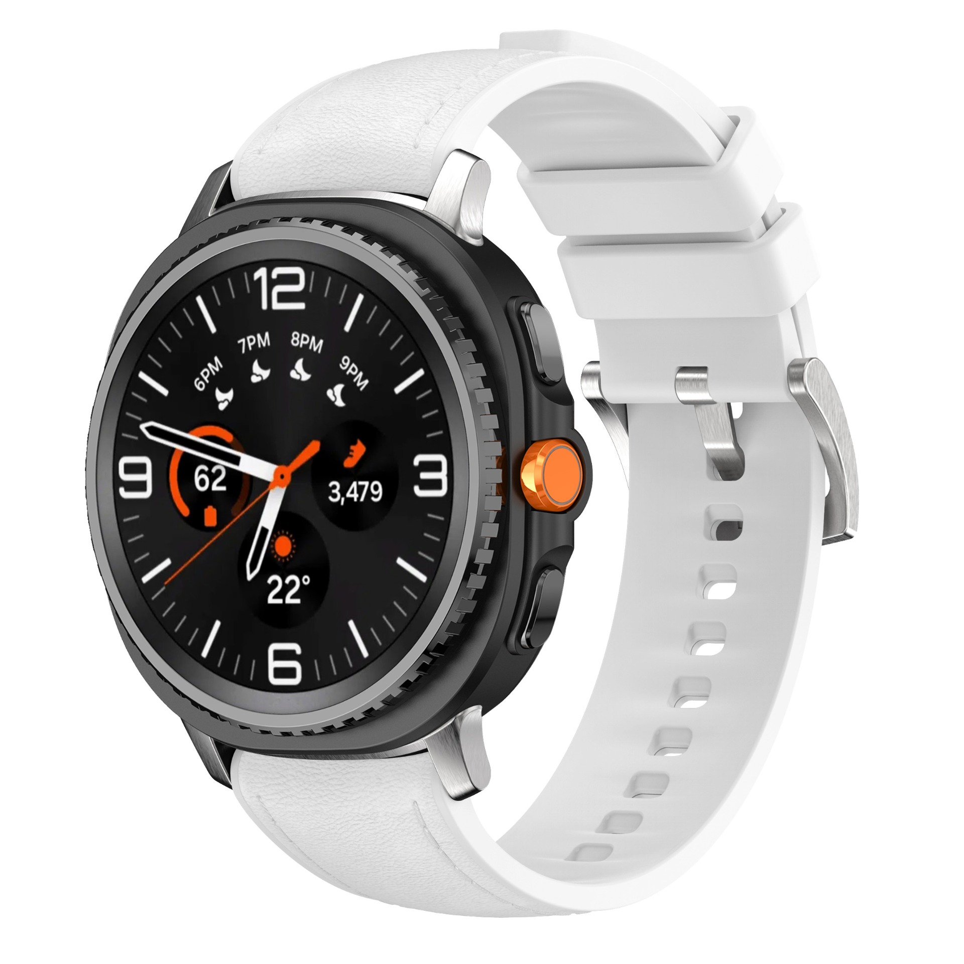 Eine Smartwatch mit weißem Armband und schwarzem Zifferblatt zeigt 22 Grad an.
