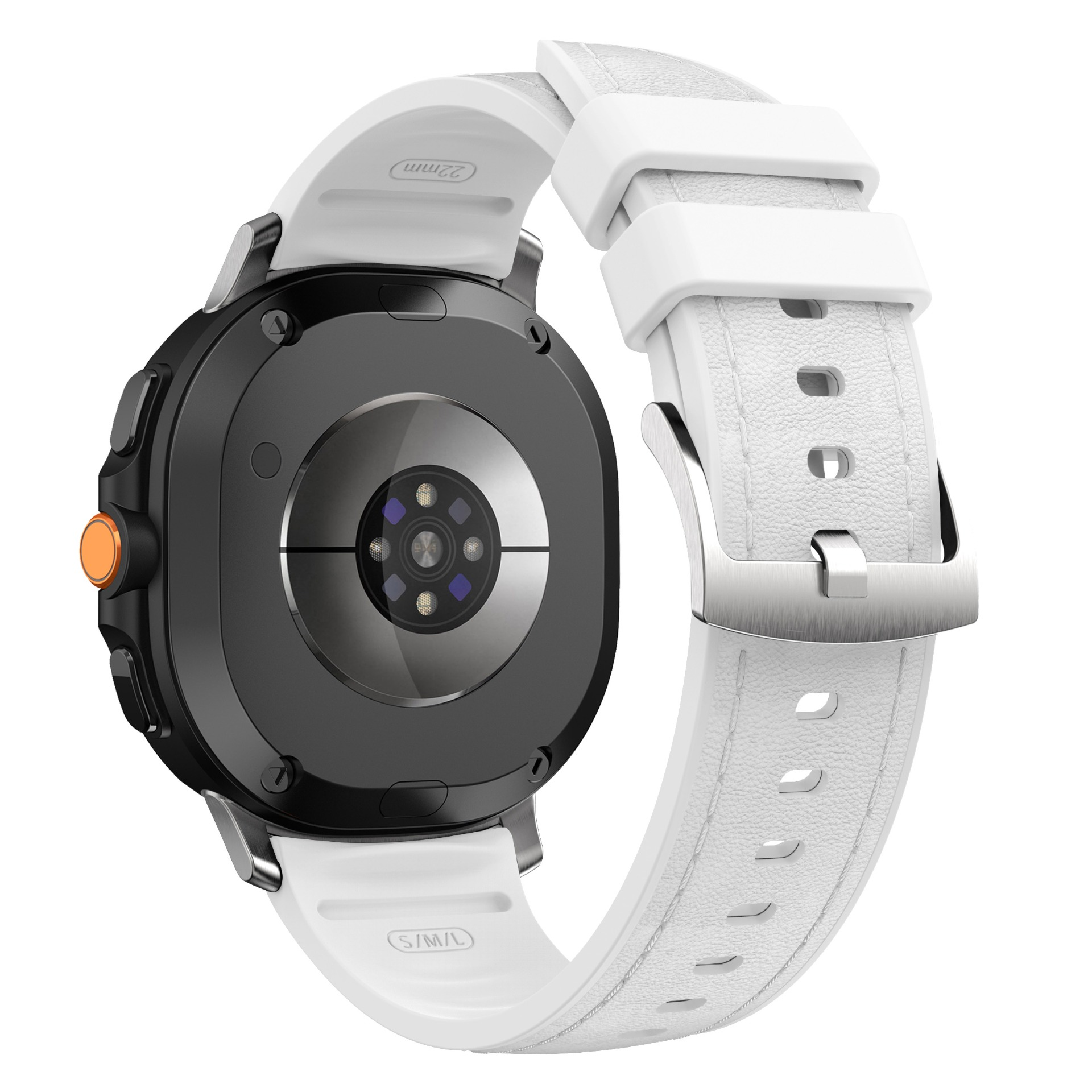Rückseite einer weißen Smartwatch mit schwarzem Gehäuse und Metallschnalle.