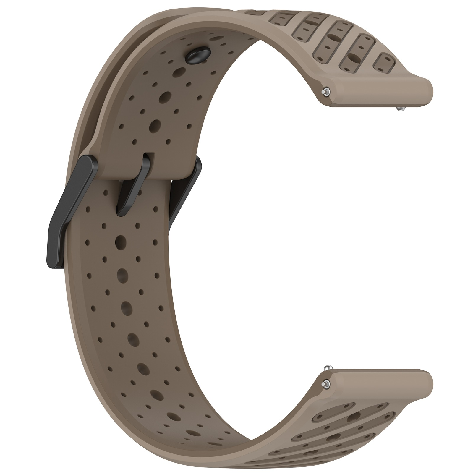 Ein hellbraunes Uhrenarmband mit vielen kleinen Löchern und einer schwarzen Schnalle.