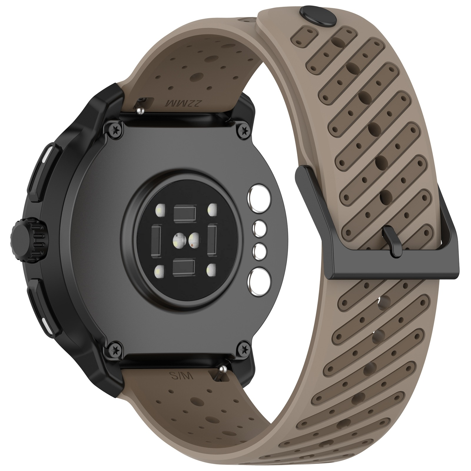 Rückseite einer Smartwatch mit braunem Armband, Herzfrequenzsensor und Knöpfen.