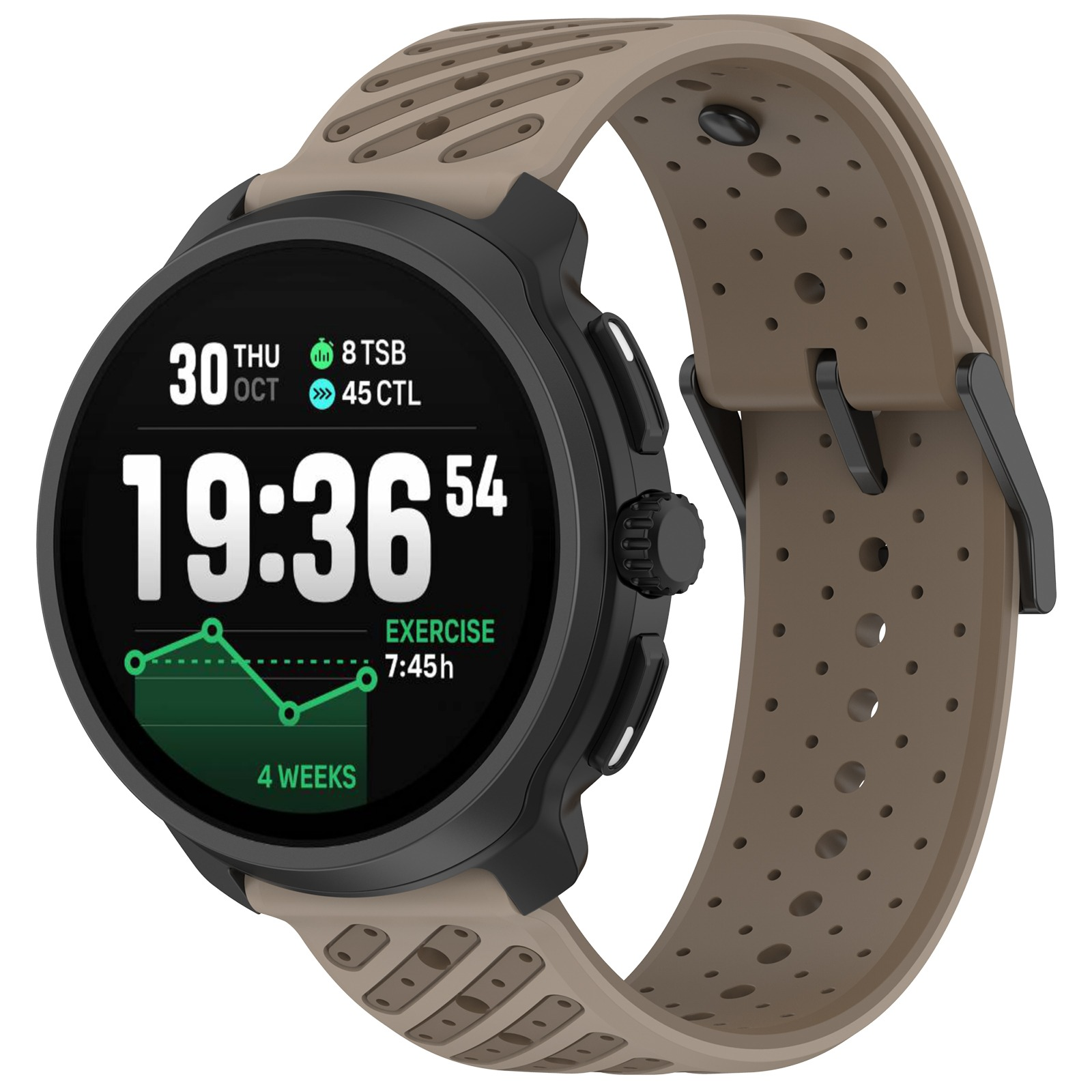 Eine Smartwatch mit braunem Armband und schwarzem Gehäuse zeigt 19:36 Uhr an.
