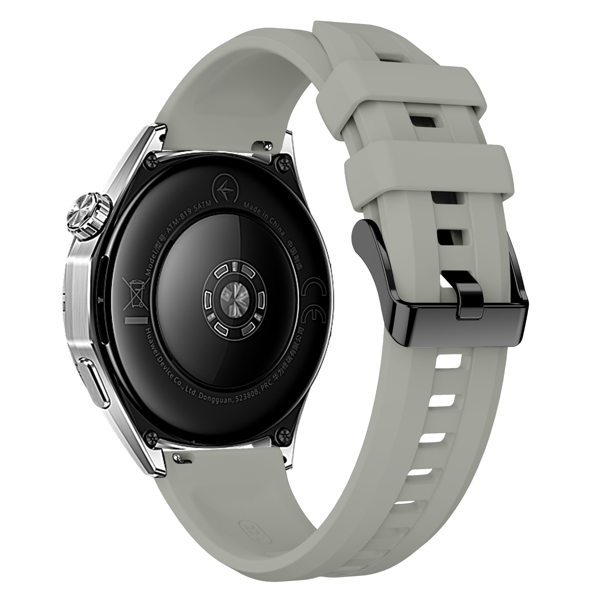 Graues Smartwatch-Armband mit silbernem Gehäuse und schwarzem Verschluss.