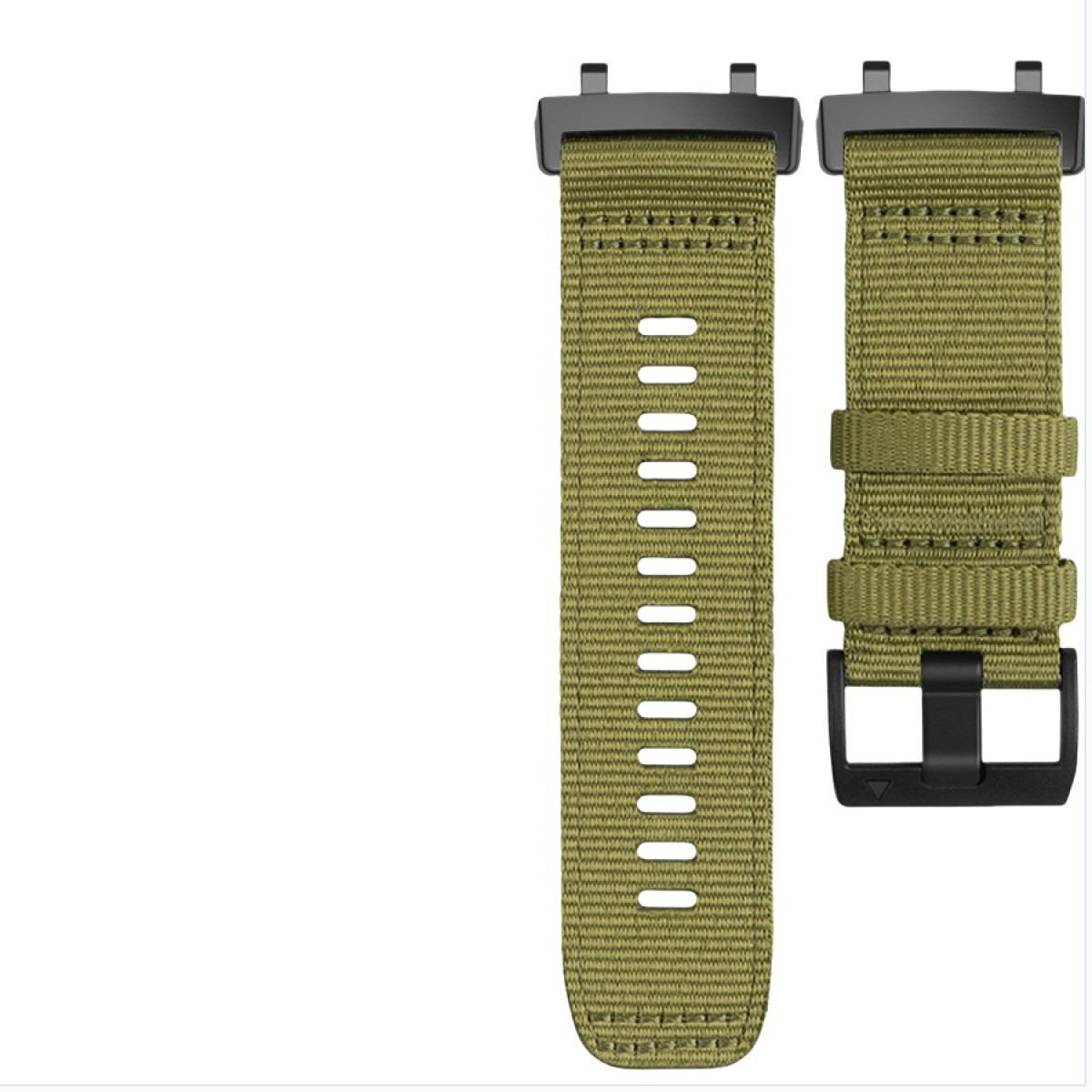 Due cinturini per orologi in tessuto verde oliva con fibbie nere e fori.