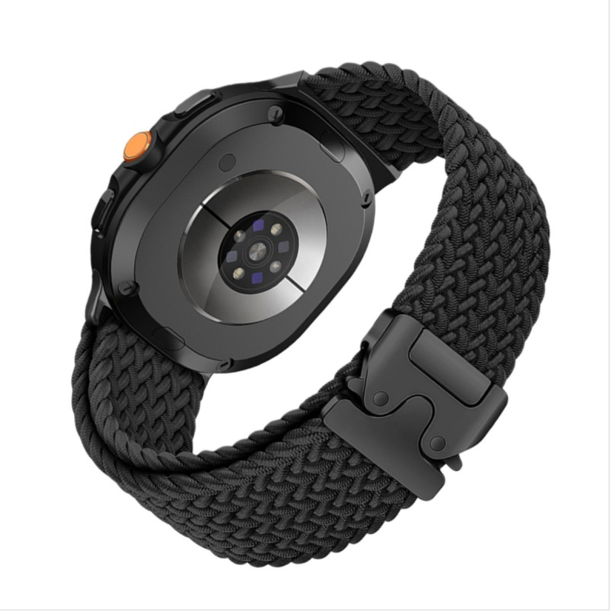 Schwarze Smartwatch-Rückseite mit Herzfrequenzsensor und gewebtem Armband.