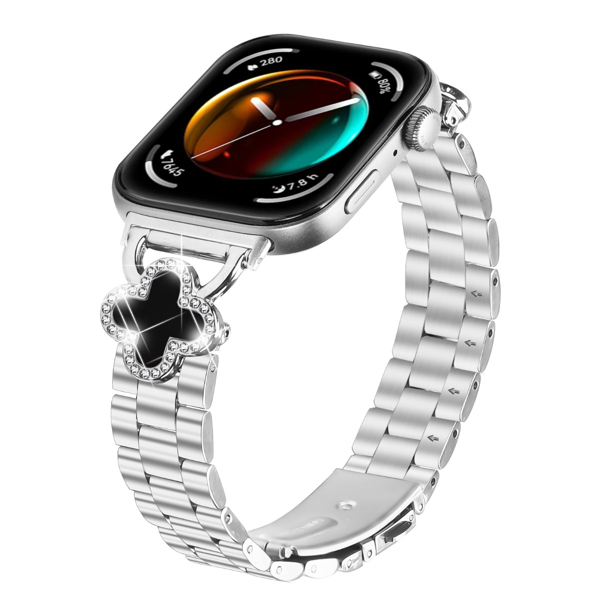 Silbernes Smartwatch-Armband mit schwarzem Kleeblatt-Anhänger, besetzt mit Kristallen.
