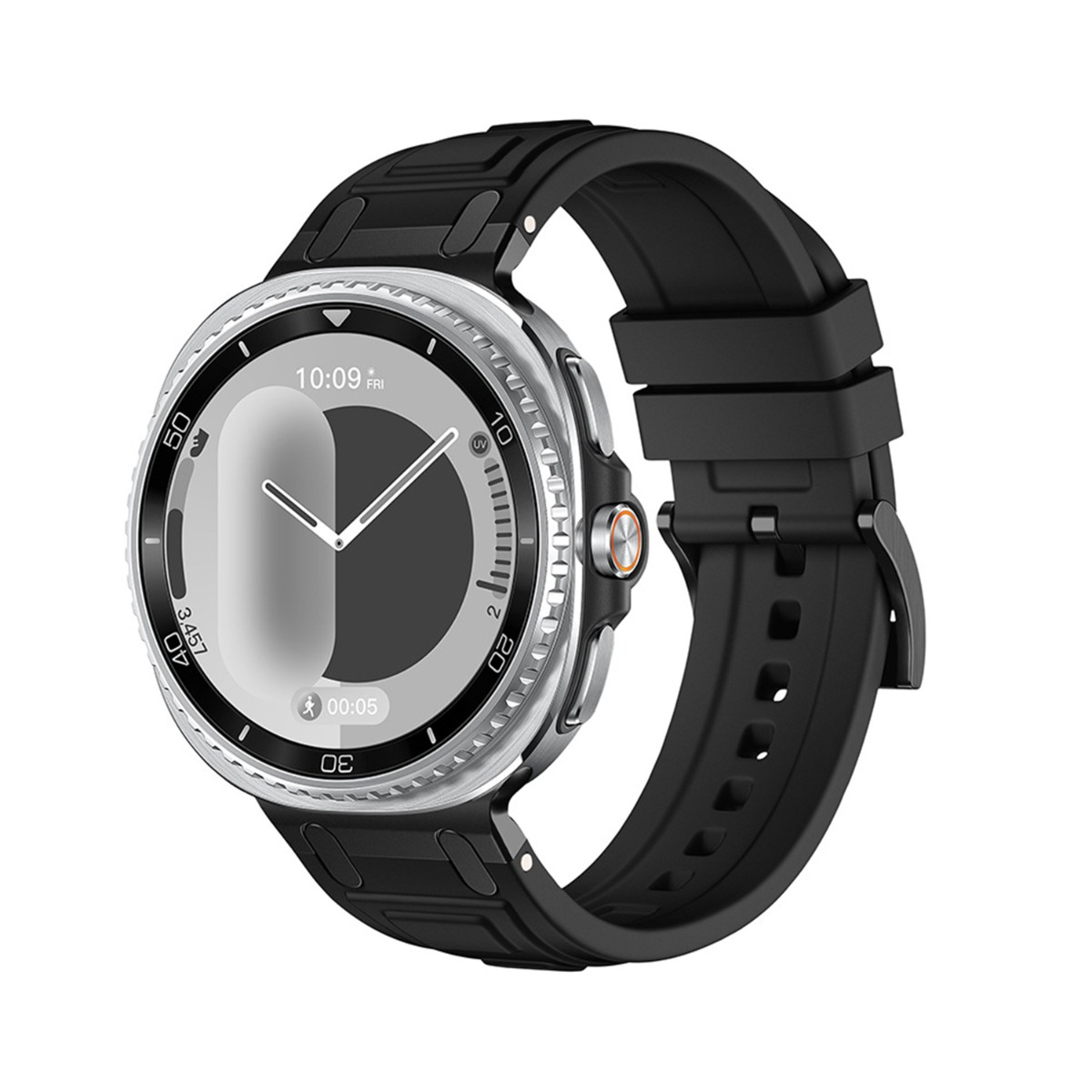 Uno smartwatch nero con lunetta argentata e quadrante digitale.