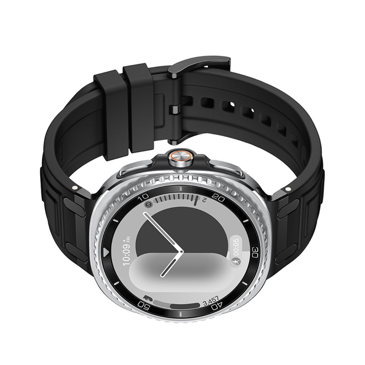 Uno smartwatch nero con lunetta argentata e display digitale rotondo che mostra ora e passi.