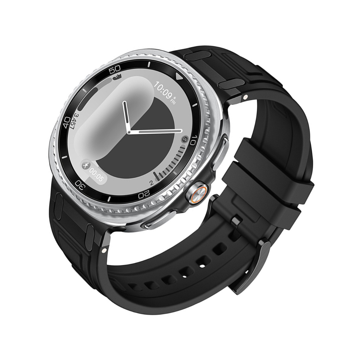 Un elegante smartwatch nero con lunetta argentata e display digitale.
