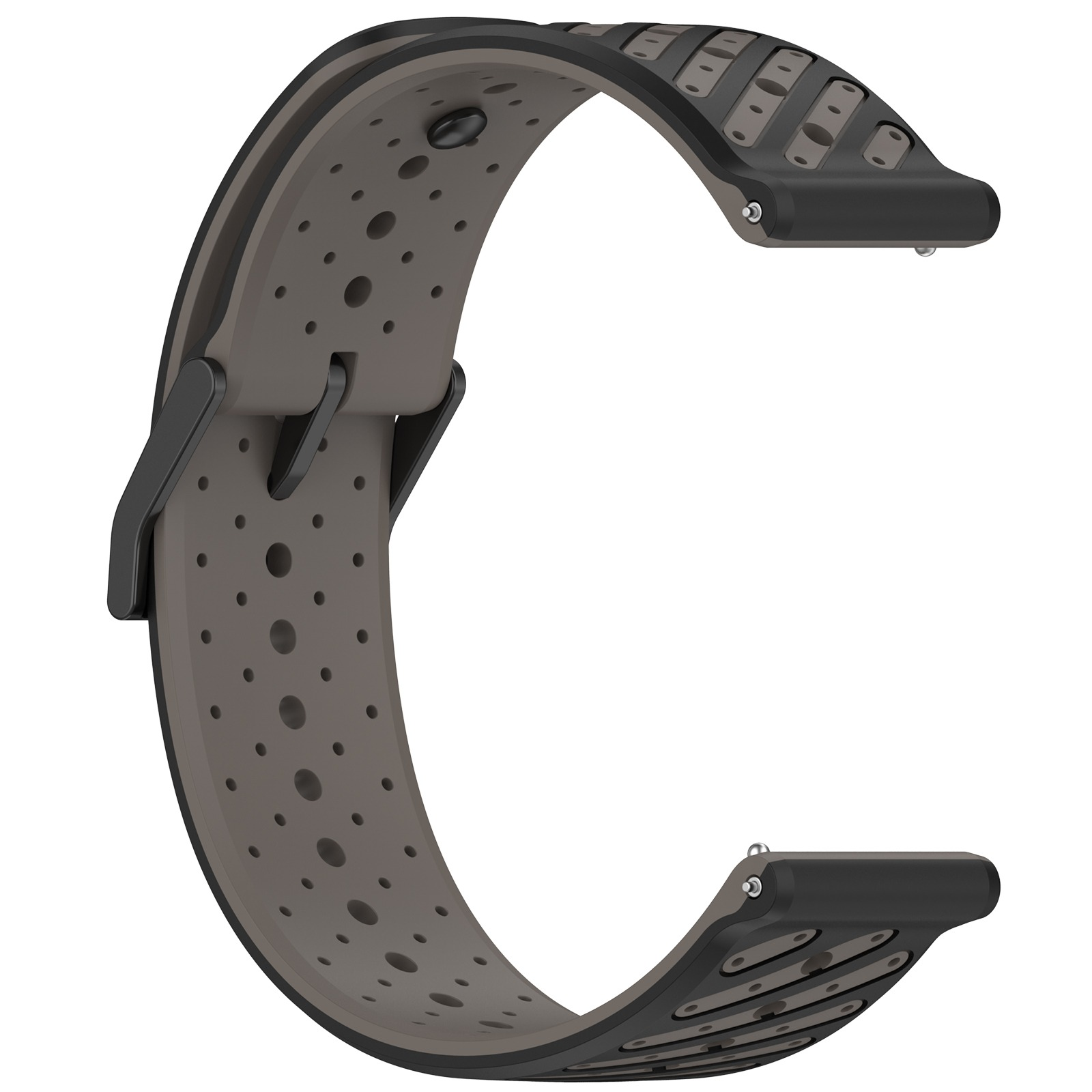 Graues Uhrenarmband mit Perforation und schwarzem Dornverschluss.