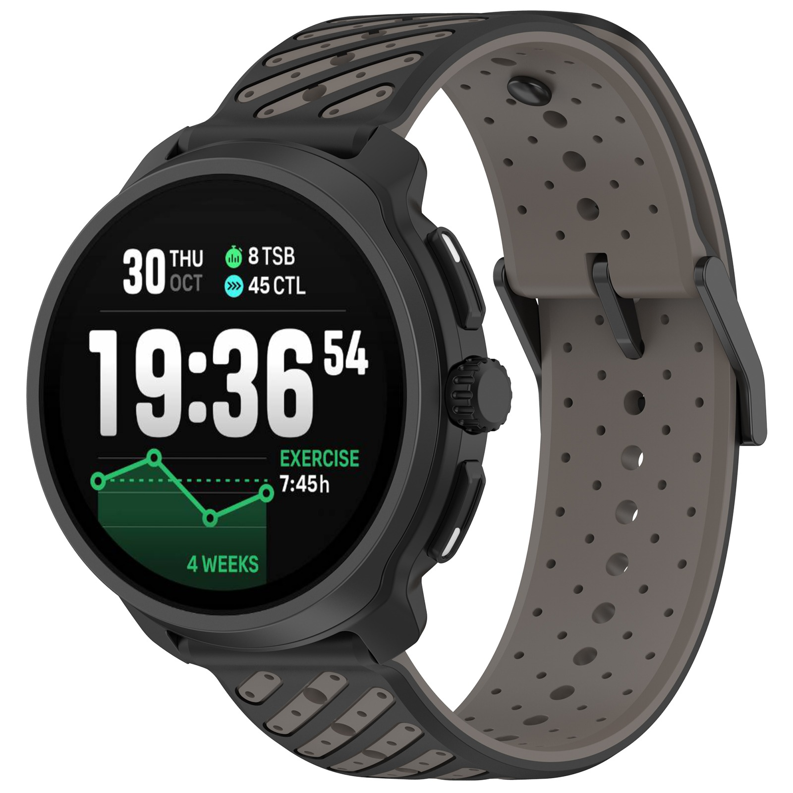 Schwarze Smartwatch mit braunem Armband und Aktivitätsanzeige.