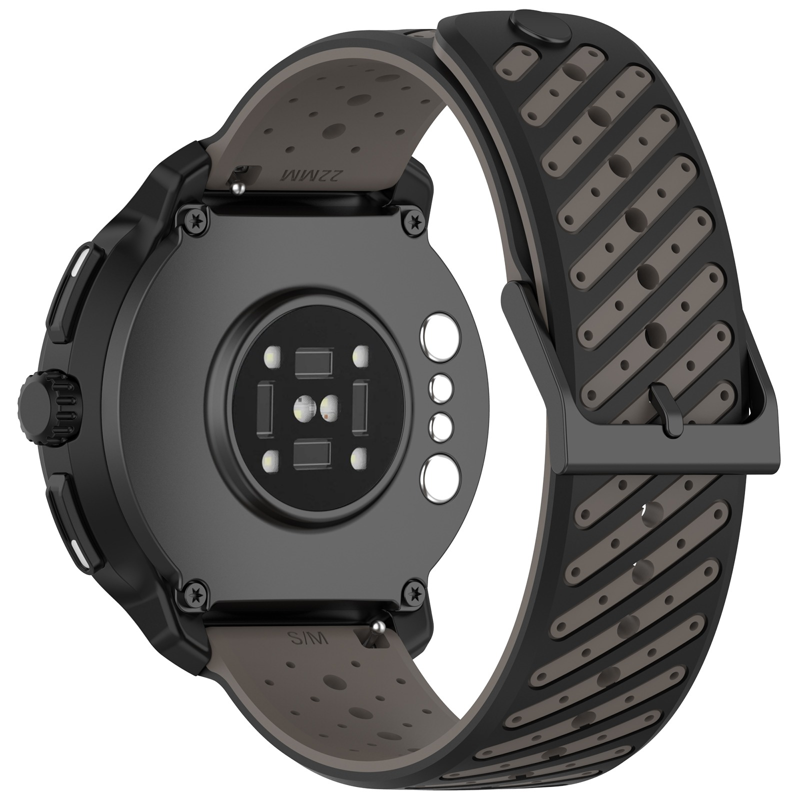 Rückseite einer schwarzen Smartwatch mit Herzfrequenzsensor und perforiertem Armband.