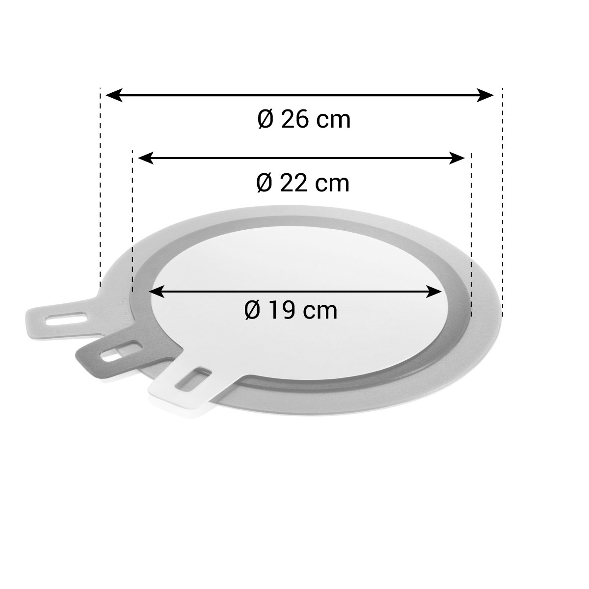 Graue Deckel mit Durchmessern von 19, 22 und 26 cm.