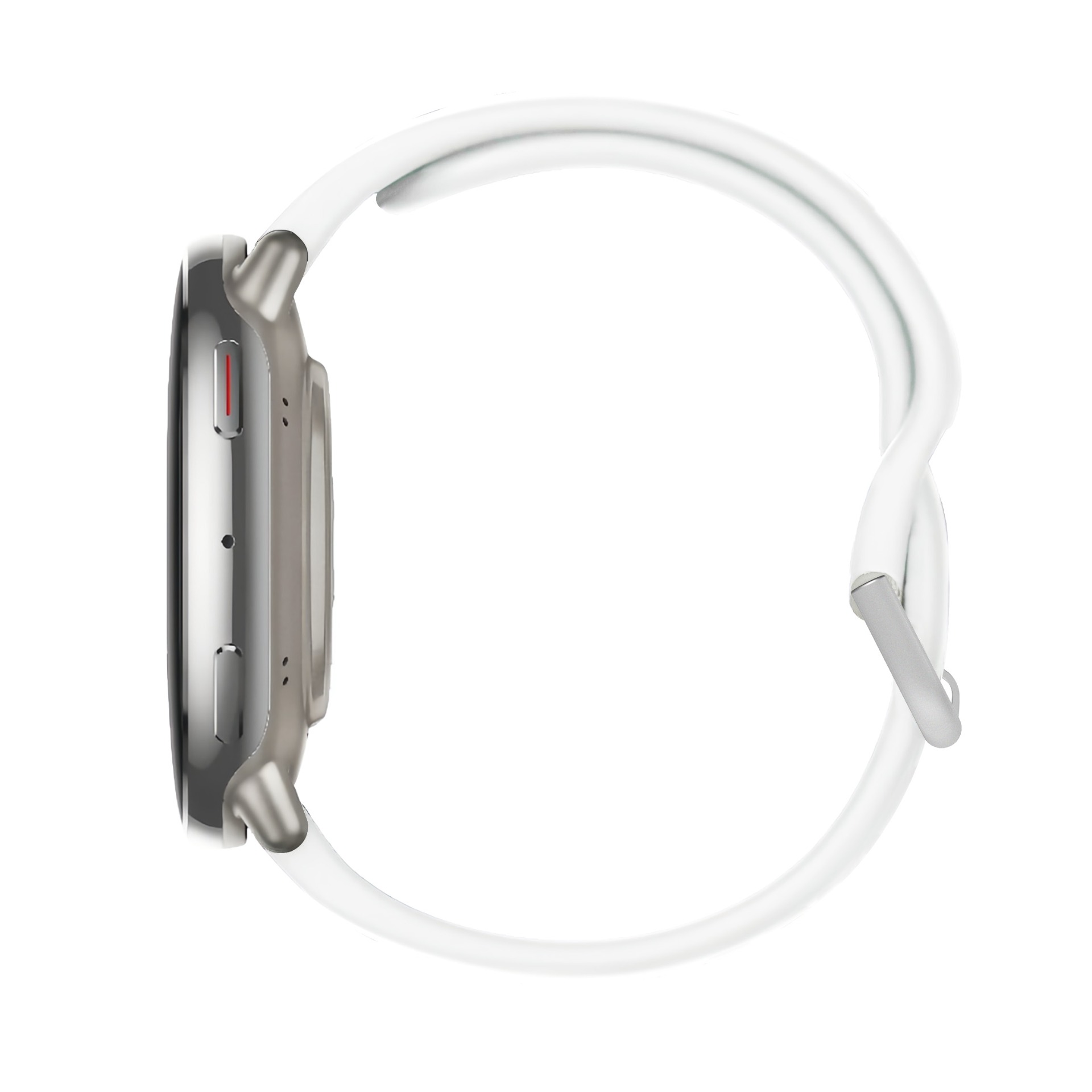 Silberne Smartwatch mit weißem Armband, seitliche Ansicht.