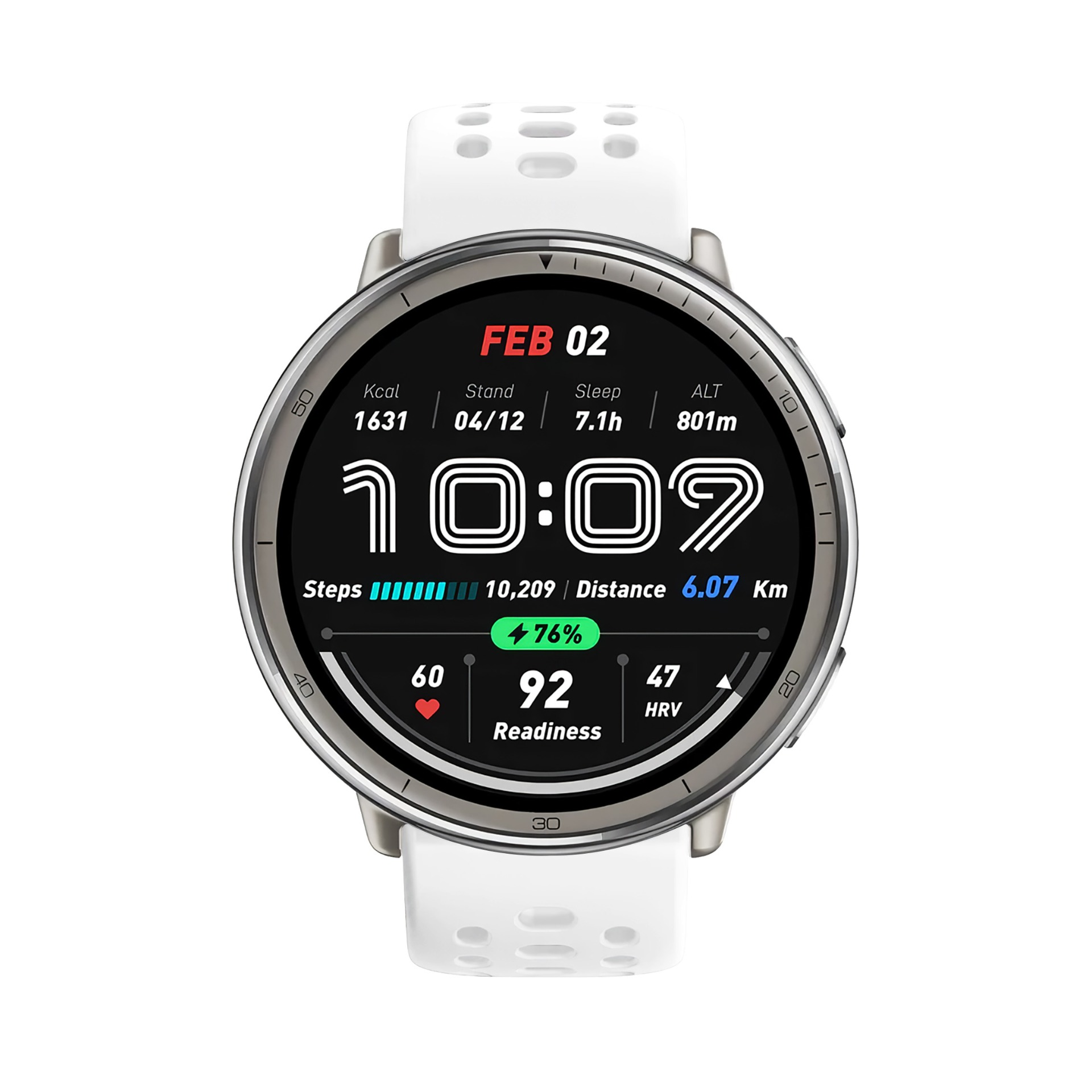 Weiße Smartwatch zeigt Feb 02, 10:09 Uhr, Schritte, Distanz und Herzfrequenz.