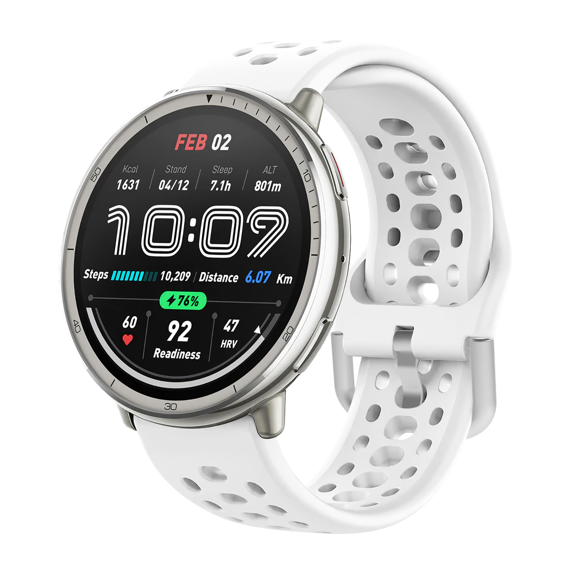 Weiße Smartwatch mit silbernem Gehäuse und Sportarmband. Zeigt Uhrzeit, Datum und Fitnessdaten an.
